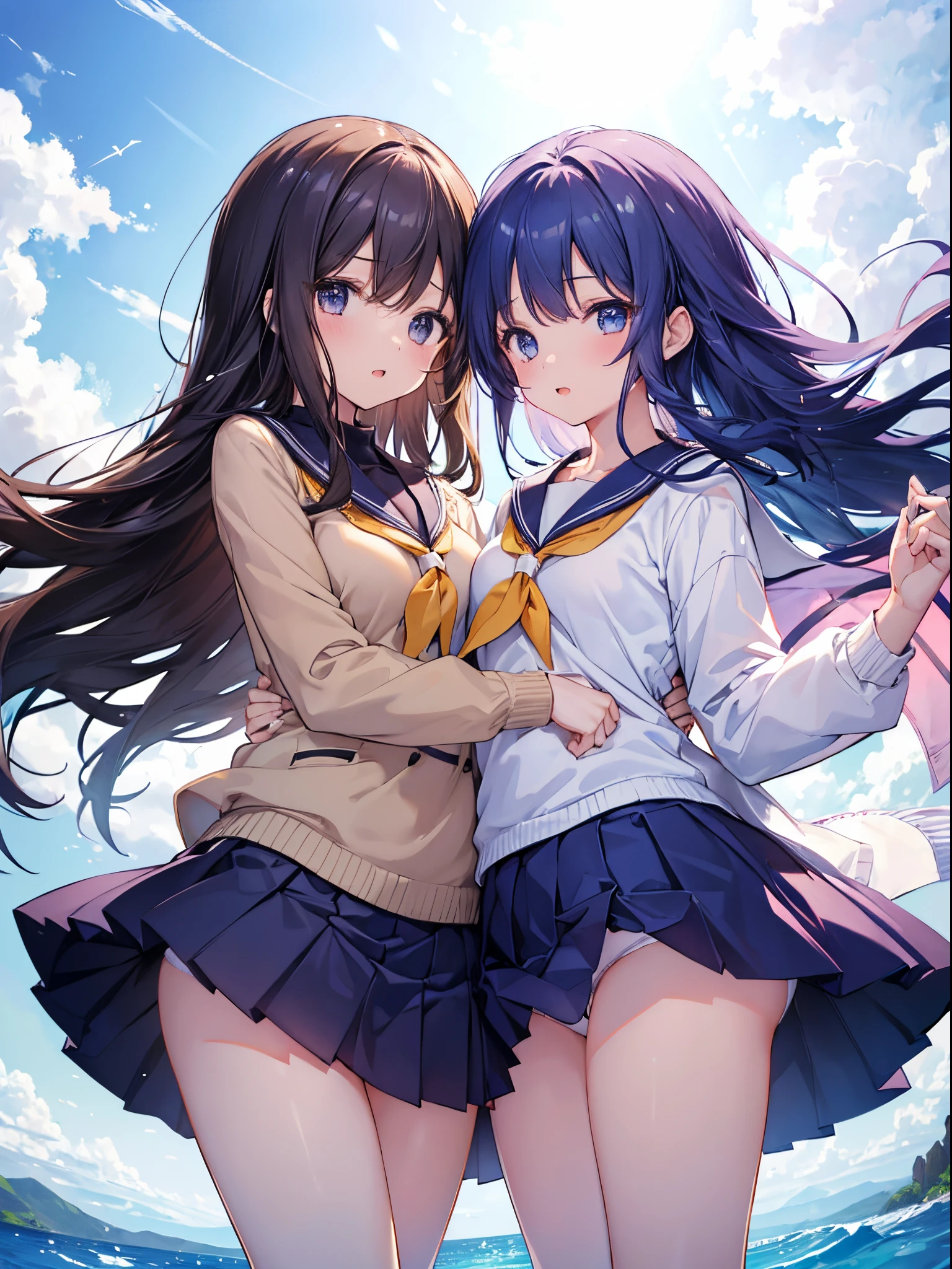 ((2girls)), Yuri, (masutepiece:1.05), (Best Quality:1.05),School_uniform, (((White panties))), Dark blue skirt, Floating skirt, (Cameltoe)