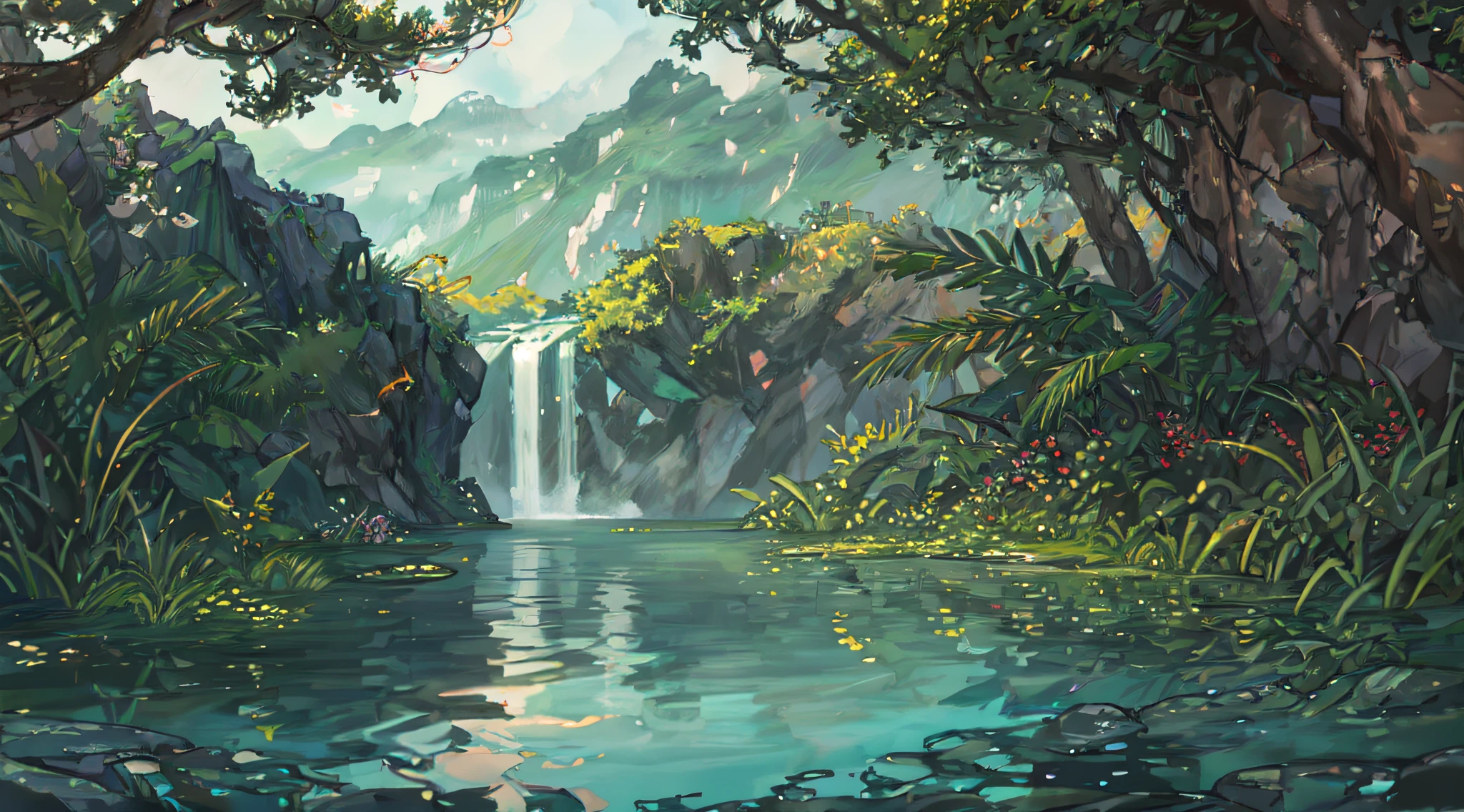 Chinese ancient times, spring, jungle, lake, cave, waterfall, tree, meadow, rock, deer, hot spring, water vapor, (illustration: 1.0), epic composition, realistic lighting, HD details, masterpiece, best quality, (very detailed CG unified 8k wallpaper)