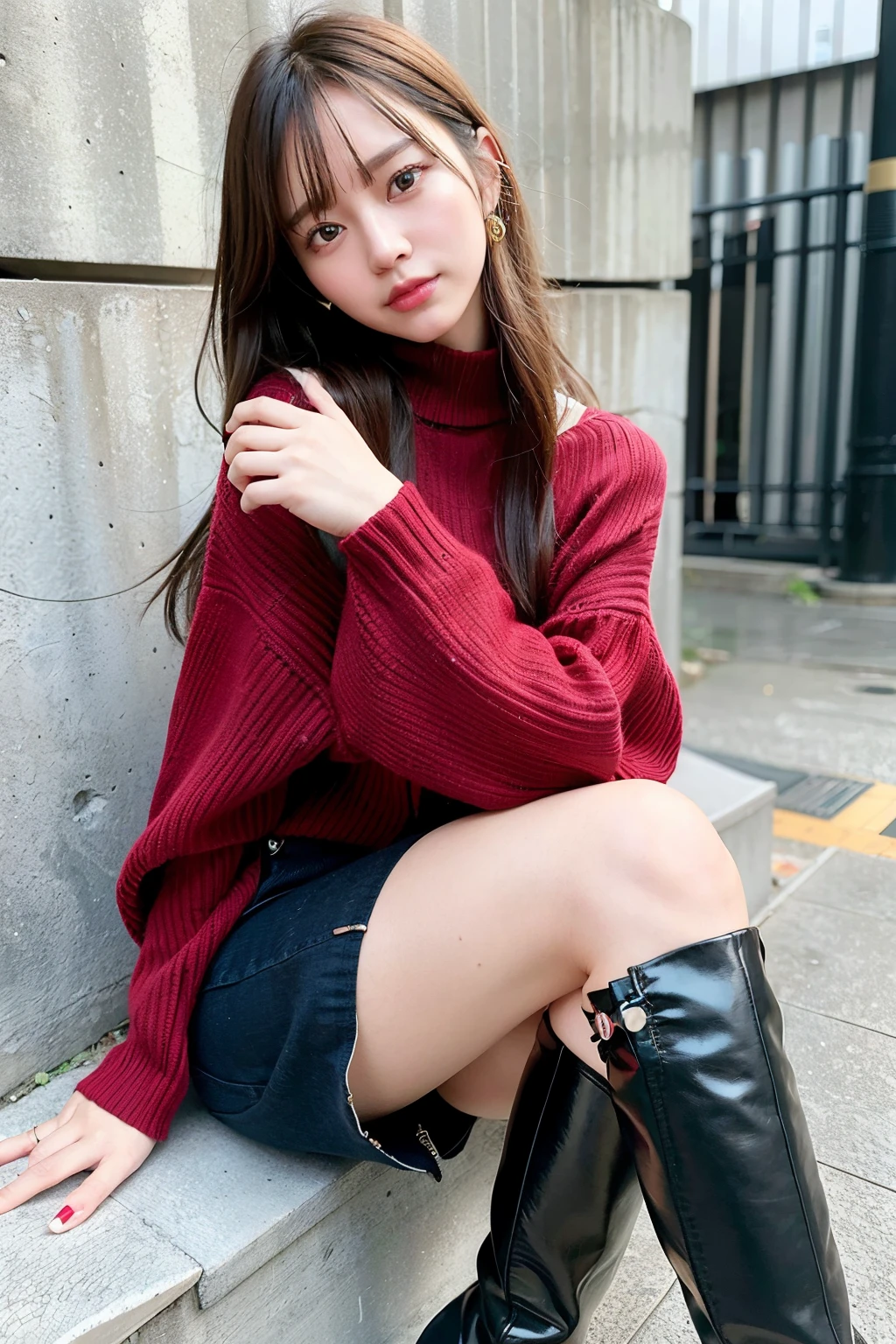 top-quality、超A high resolution、(Photorealsitic:1.4)、Arafe woman sitting on a fence wearing a red sweater and black boots, 18 Year Old Woman, wearing a red turtleneck sweater, perfectly poised, Casual pose, wearing a red outfit, Engaging pose, Shot from the side, Thoughtful Pose, full-length shot, striking pose, cinematic full shot, very artistic pose, voluminous sleeves, Cool pose, Leaning against the wall, sitting on a single knee、Viewer facing half way, sexually torn clothes