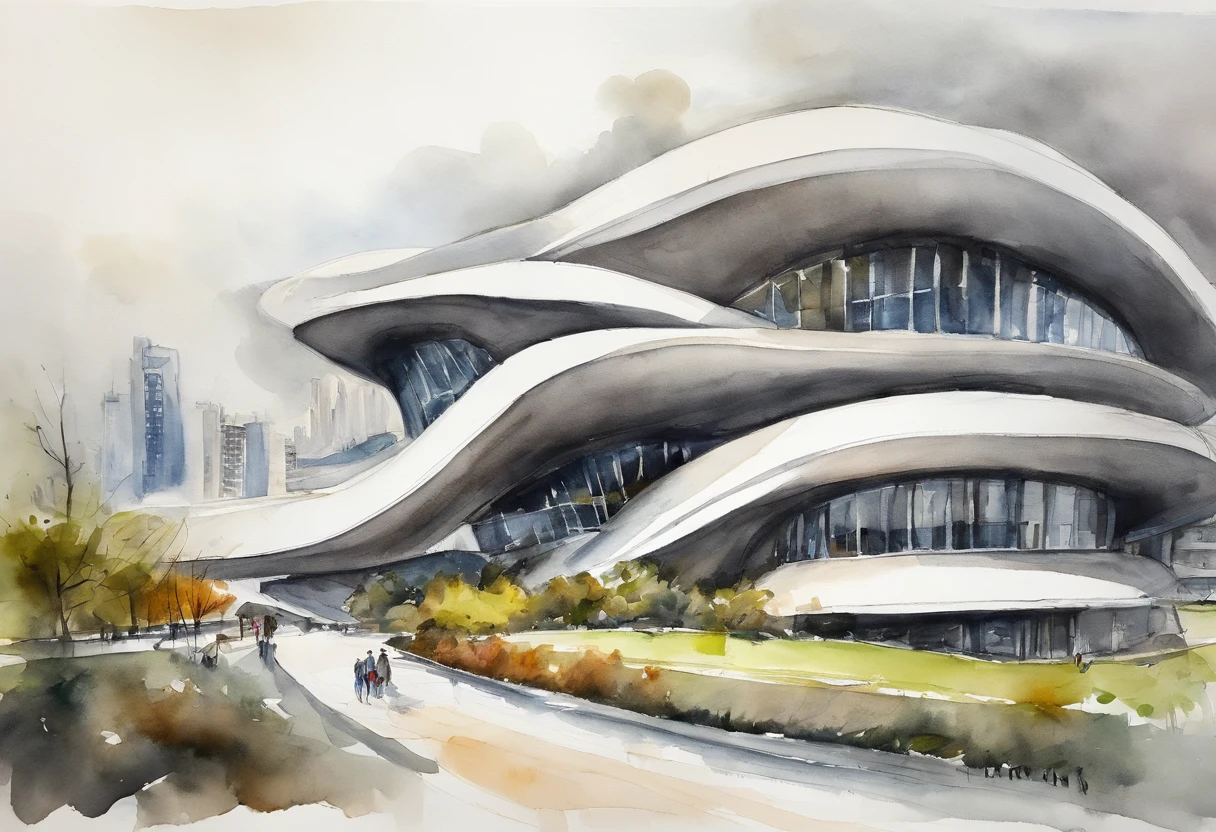 Arafur sees a building with a curved roof,There is a river in front, Hangzhou, Inspired by Cha Shibiao, Cha Shibiao, Zaha Hadid architect's style, Zaha Hadid style architecture, shenzhen, girl, huge futuristic building, zaha hadid style, norman foster style, Calatrava