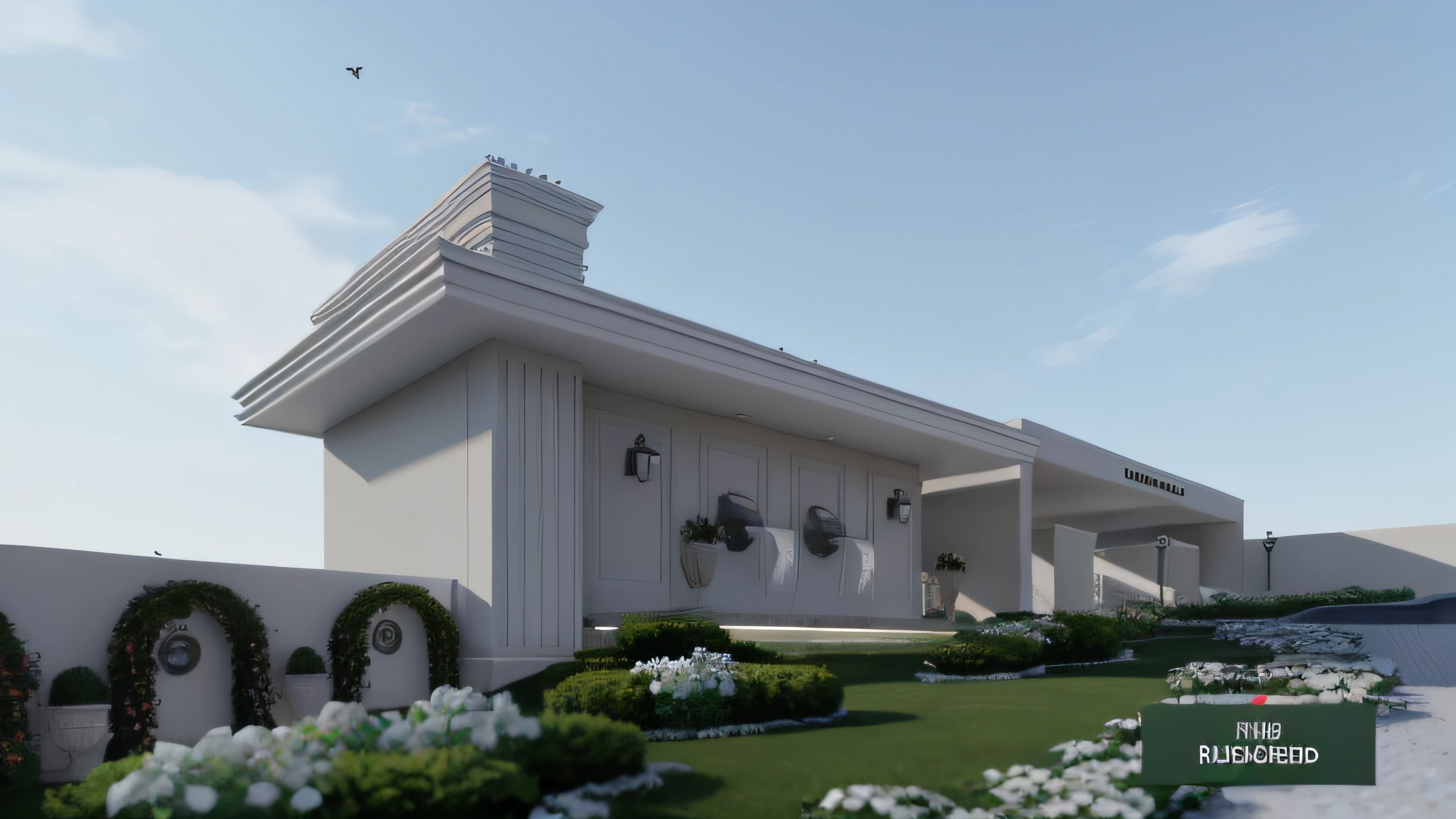 there is a white building with lots of flowers in front, architectural 3 d render, architectural render, architectural visualisation, professional render, very detailed render, beautifully detailed render, lumion rendering, Stuning 3 D render, fully detailed render, architectural visualisation, realism rendering, very realistic 3 d render, elegant render, Professional 3D rendering, detailed render