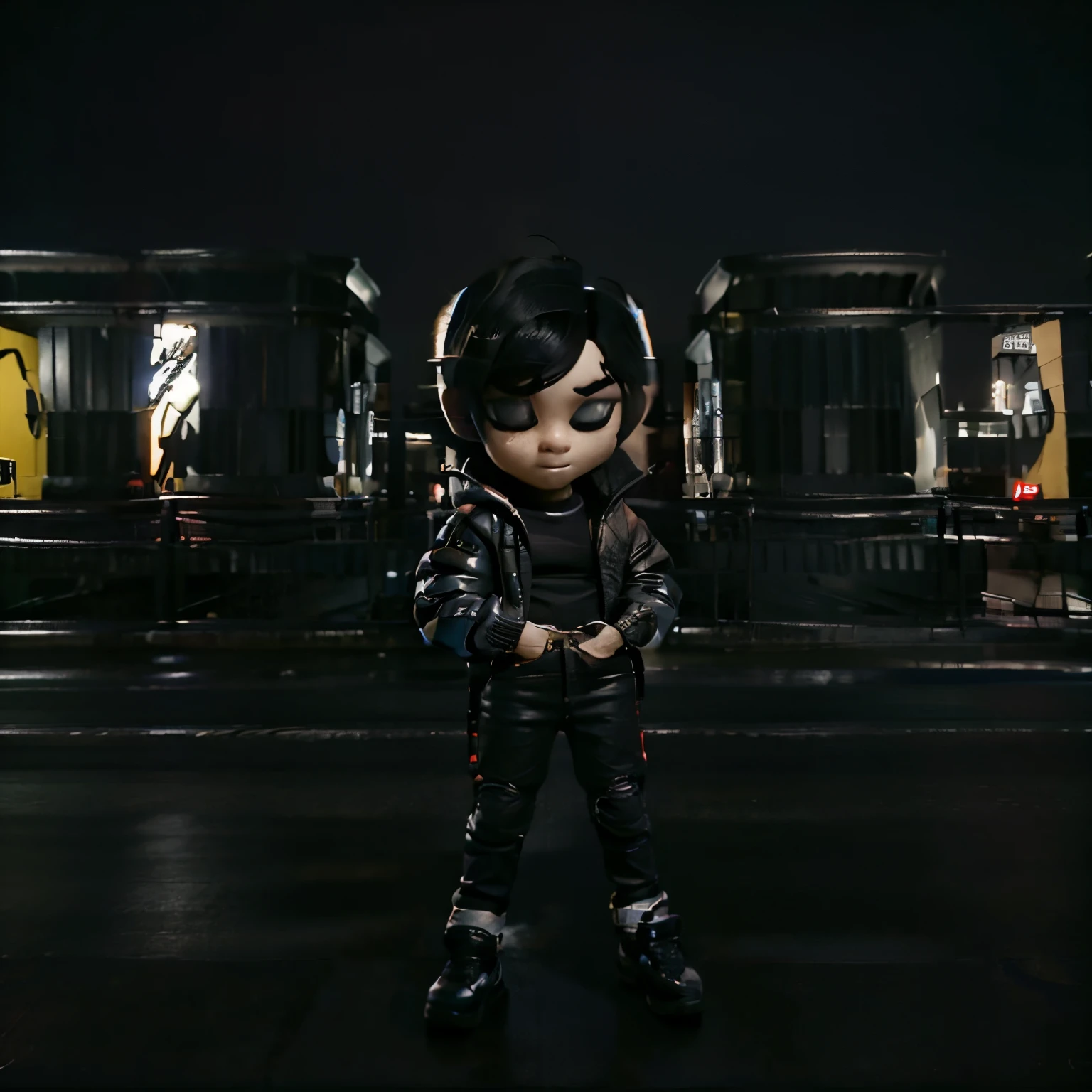3D Cute chibi boy, black hair, big eyes, wearing black hoodie, black jeans and black shoes, standing near black R15 BIKE, at night, in the city, ultra realistic, 8k.