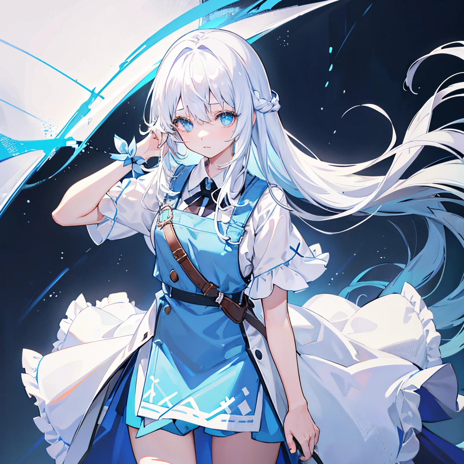 girl with、Her bangs are long enough to cover her eyes a little.、Eye color is light blue、white hair、Long hair、Light blue mesh、Western-style clothing、warrior short sleeve、The overall atmosphere is white and light blue