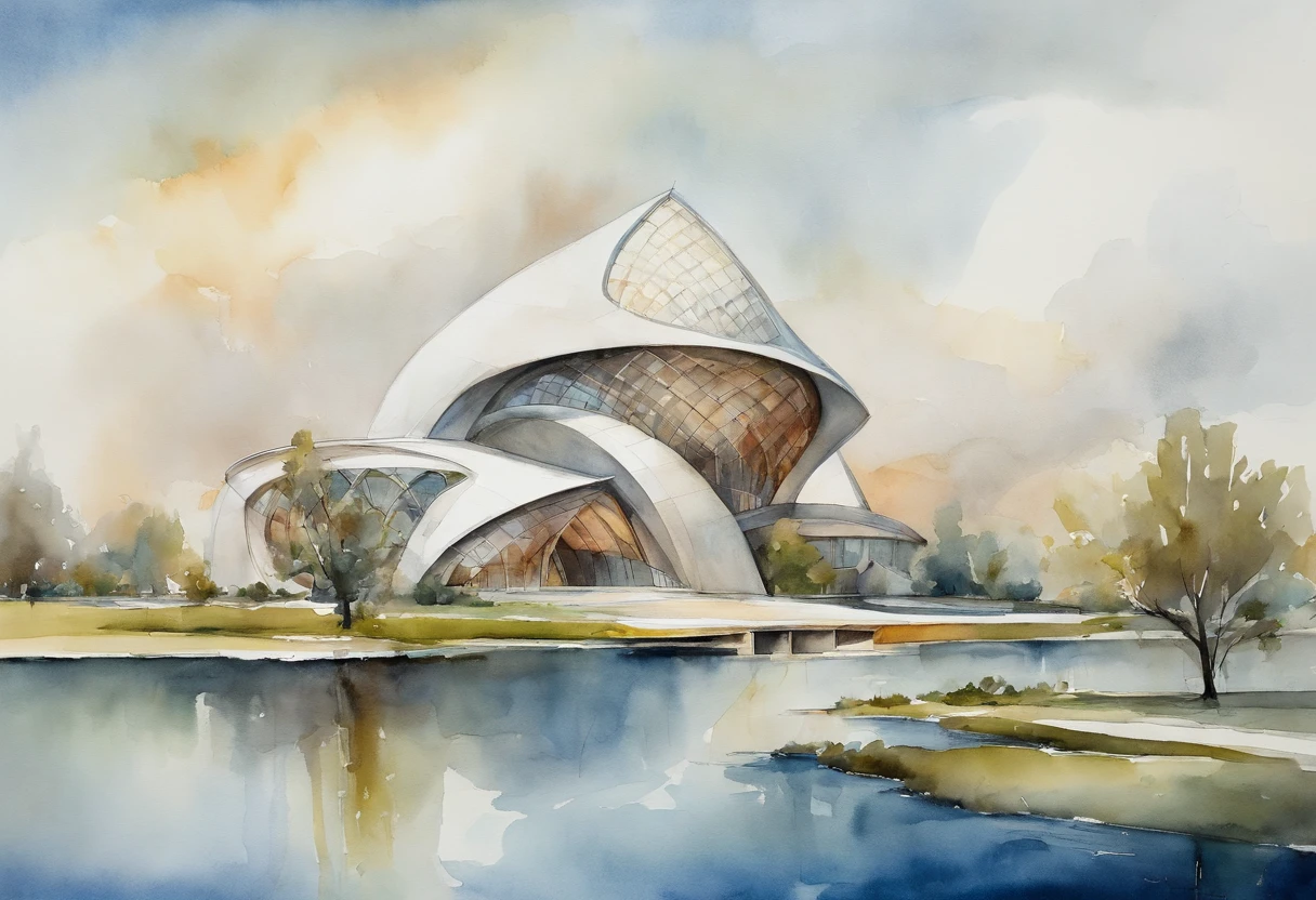 This image features a modern architectural structure by a body of water, possibly a river or lake. The building has a distinctive, futuristic design with a curved, wave-like roof that is reminiscent of a shell or a blooming flower. It is surrounded by a landscape of high-rise buildings, indicating an urban setting. The sky is clear and blue, suggesting a fine day. This kind of architecture is typically found in cities with a focus on innovative design and cultural landmarks.
