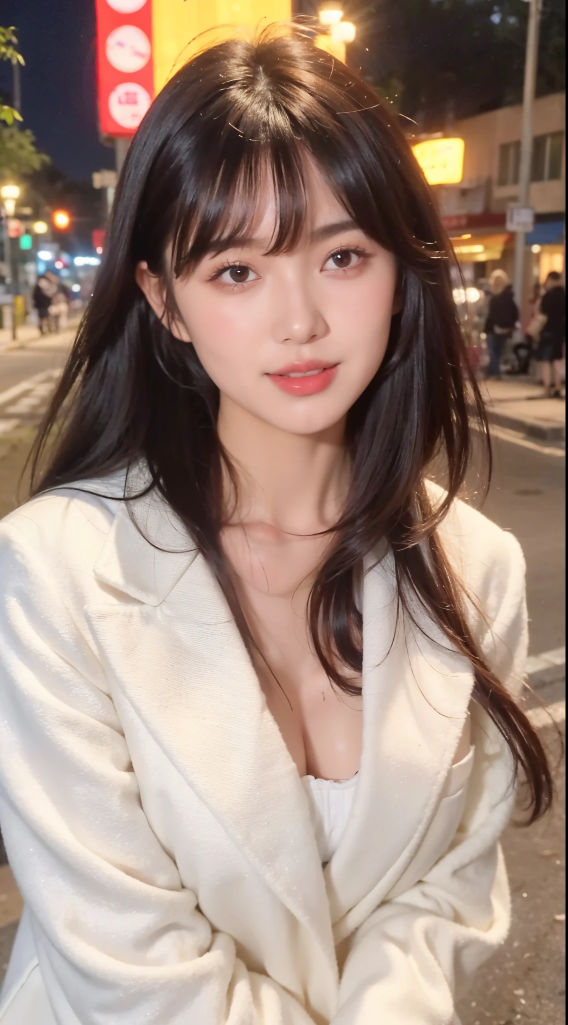 Wearing a white coat, She has black hair，With bangs, Fluffy bangs, in a street at night，face to the viewer，The body faces the audience，close your mouth and smile，mediuml breasts，with a round face，a 23 year old girl，Wear for autumn