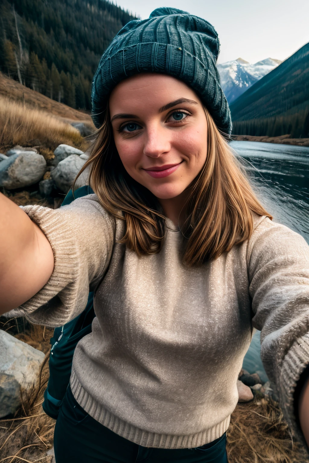 1 woman((upper body selfie, happy)), masterpiece, best quality, ultra-detailed, solo, outdoors, (night), mountains, nature, (stars, moon) cheerful, happy, backpack, sleeping bag, camping stove, water bottle, mountain boots, gloves, sweater, hat, flashlight, forest, rocks, river, wood, smoke, shadows, contrast, clear sky, analog style (look at viewer:1.2) (skin texture) (film grain:1.3), (warm hue, warm tone) :1.2), close up, cinematic light, sidelighting, ultra high res, best shadow, RAW, upper body, wearing pullover