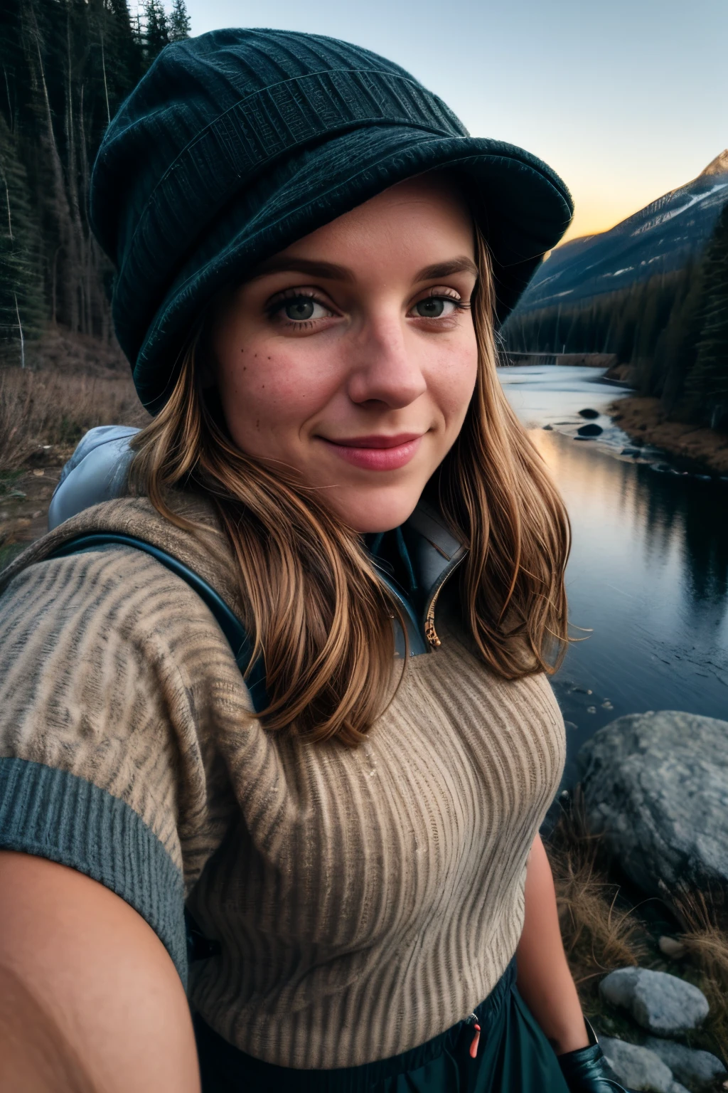 1 woman((upper body selfie, happy)), masterpiece, best quality, ultra-detailed, solo, outdoors, (night), mountains, nature, (stars, moon) cheerful, happy, backpack, sleeping bag, camping stove, water bottle, mountain boots, gloves, sweater, hat, flashlight, forest, rocks, river, wood, smoke, shadows, contrast, clear sky, analog style (look at viewer:1.2) (skin texture) (film grain:1.3), (warm hue, warm tone) :1.2), close up, cinematic light, sidelighting, ultra high res, best shadow, RAW, upper body, wearing pullover