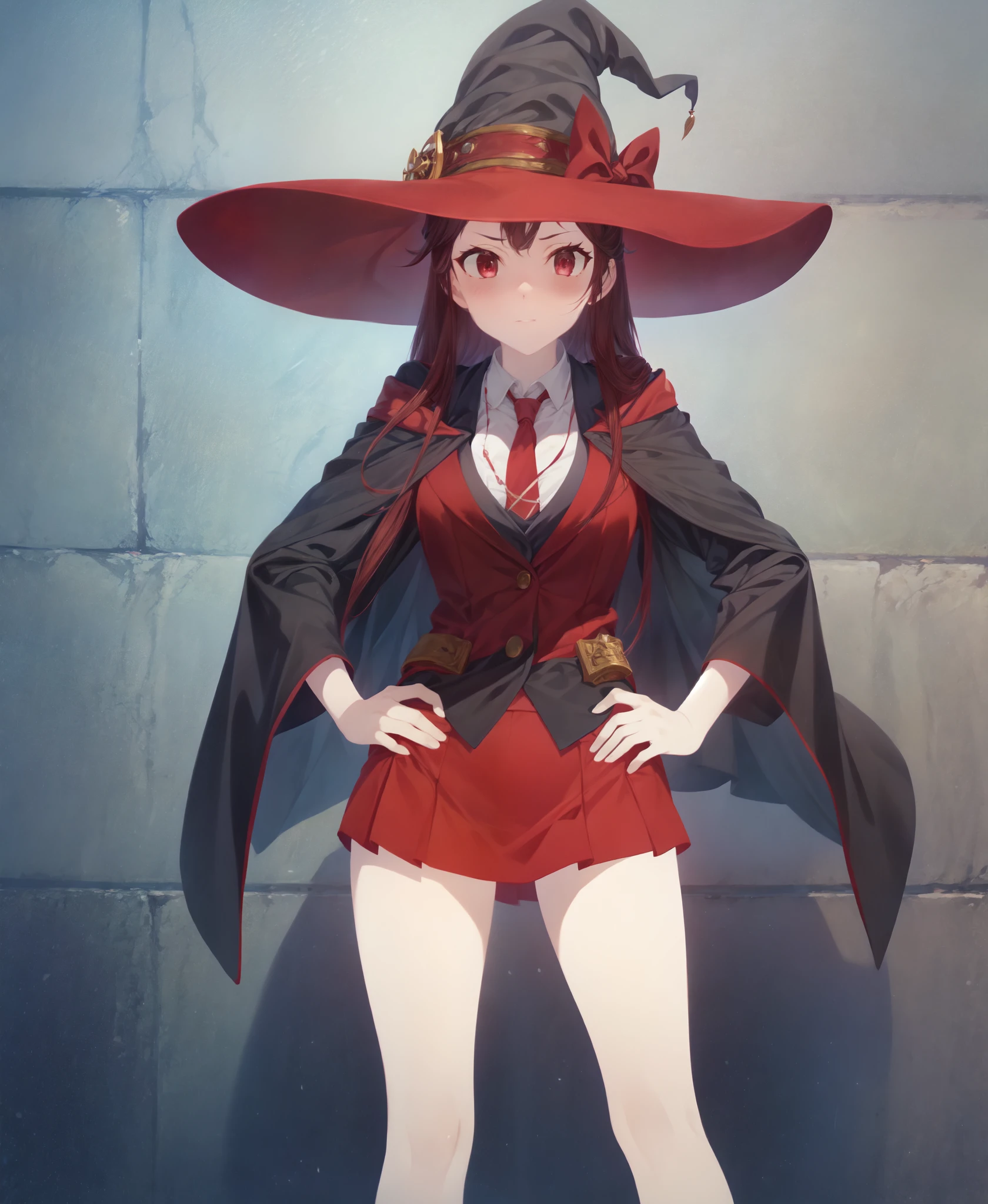 akko, 1girl, hat, witch_hat , highres, absurdres, standing, hands on hips, looking at viewer,