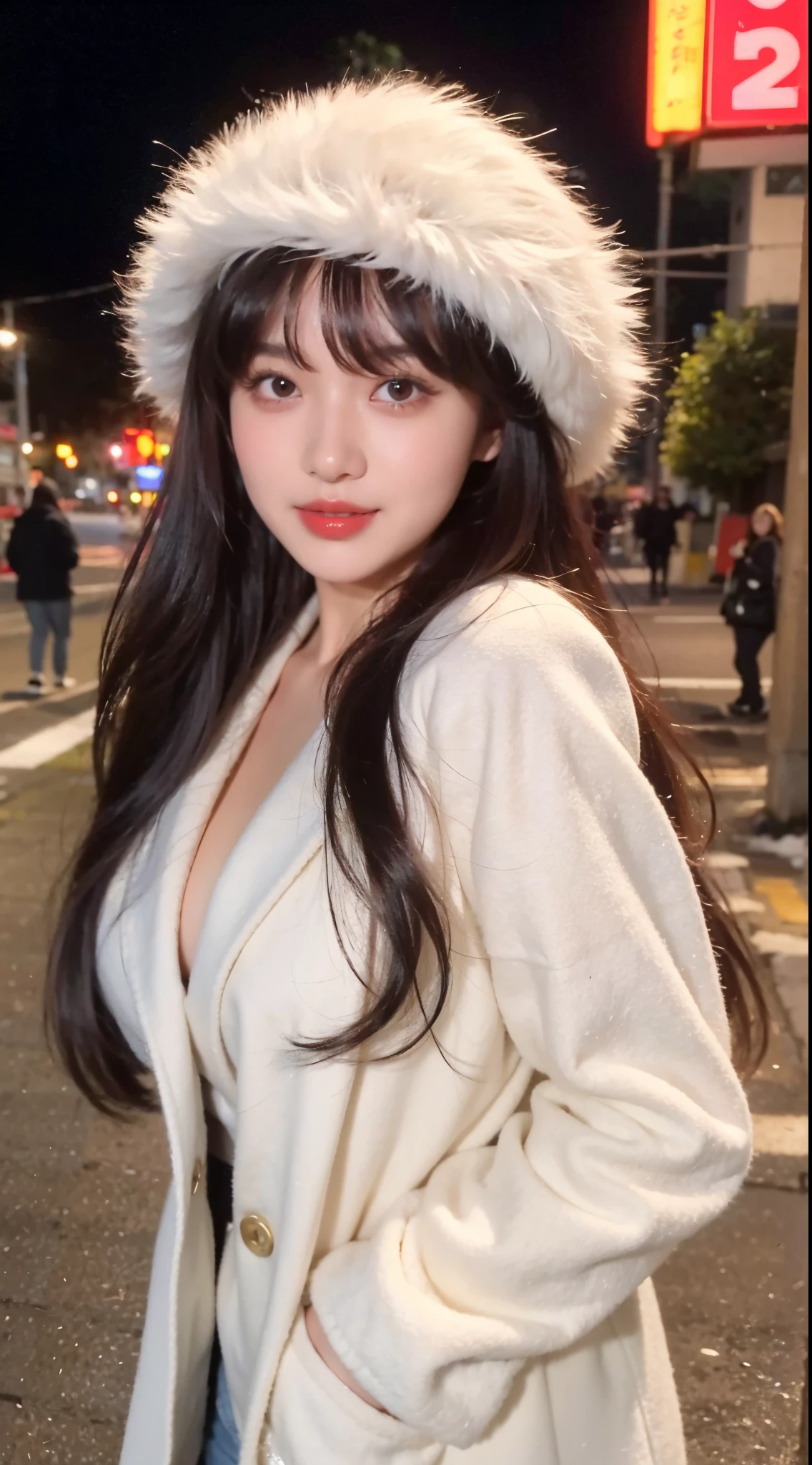 Wearing a white coat, She has black hair，With bangs, Fluffy bangs, in a street at night，face to the viewer，The body faces the audience，close your mouth and smile，mediuml breasts，with a round face，a 23 year old girl，Wear for autumn