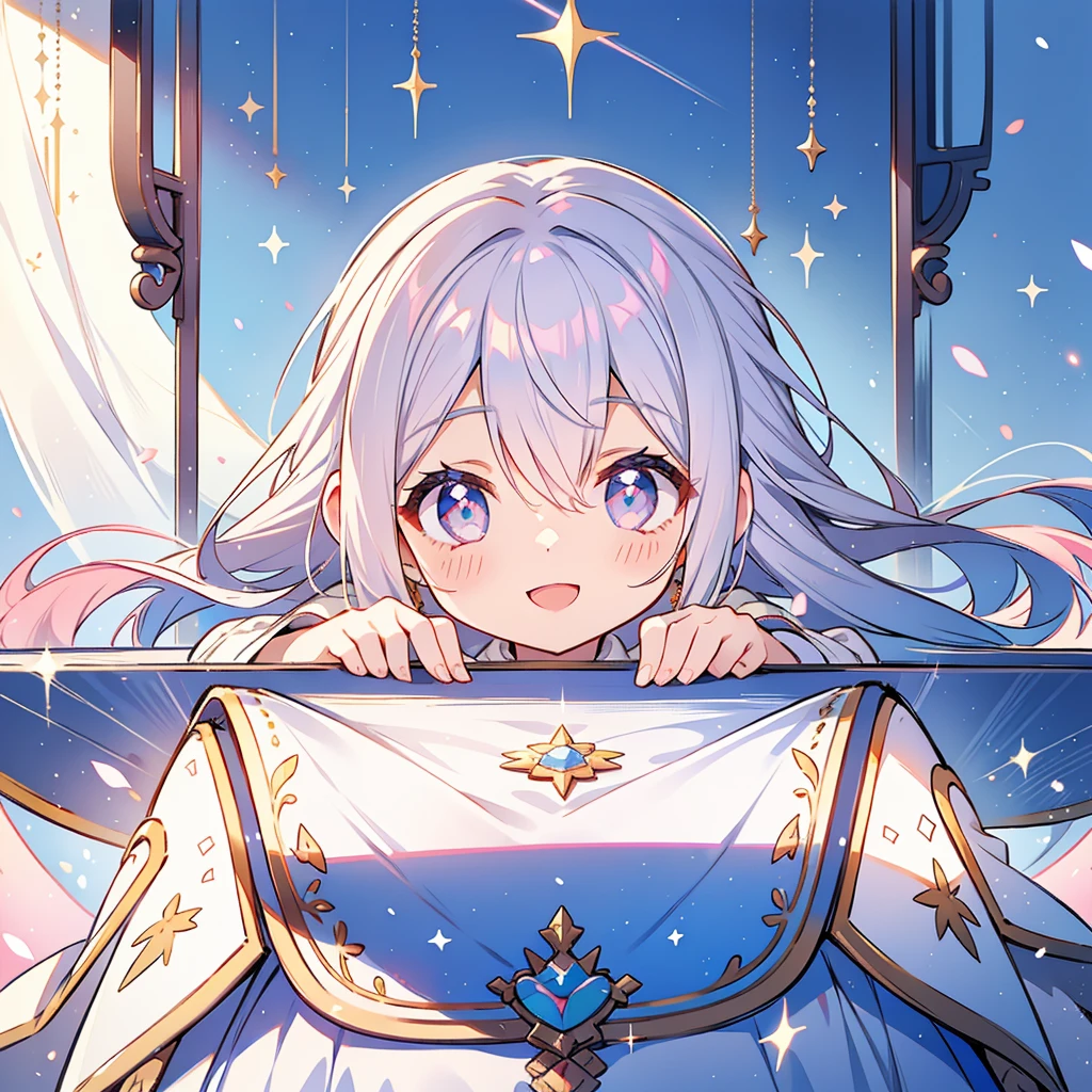 Silvery hair、Pink sparkly eyes、a smile、Open your mouth、white backgrounid、solidbackground、simple background、rays of sunshine