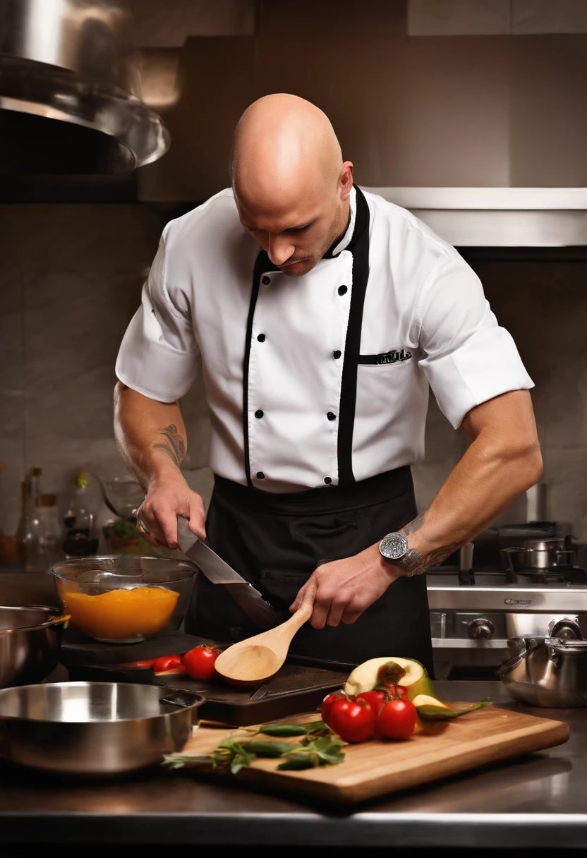The image is of a chef in a kitchen, cooking and preparing delicious dishes.,original,Jonny Sins is the adult film star with a bald head. , male