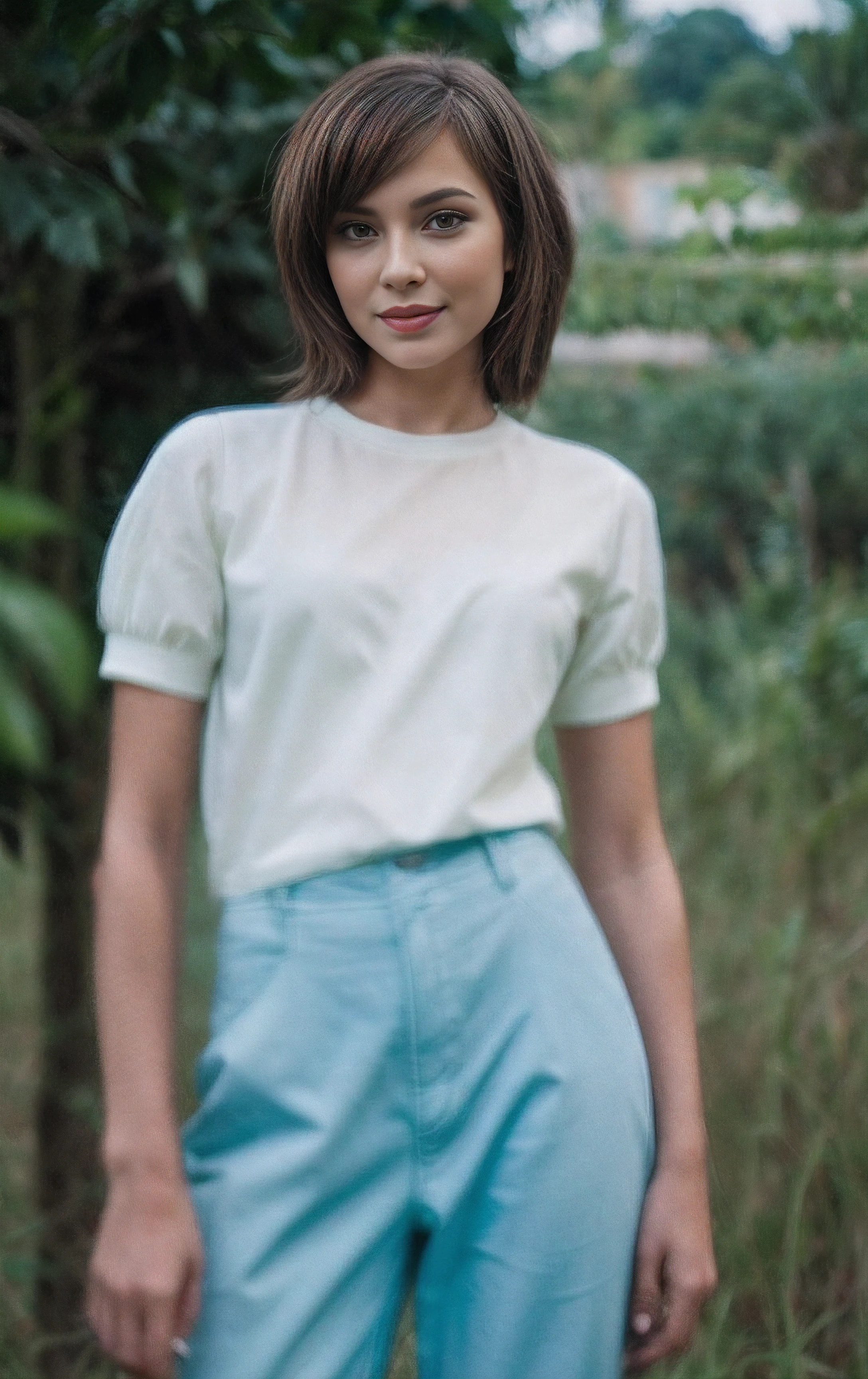 There's a woman standing in a field, blusa branca com umas bolas pretas, blue pants,