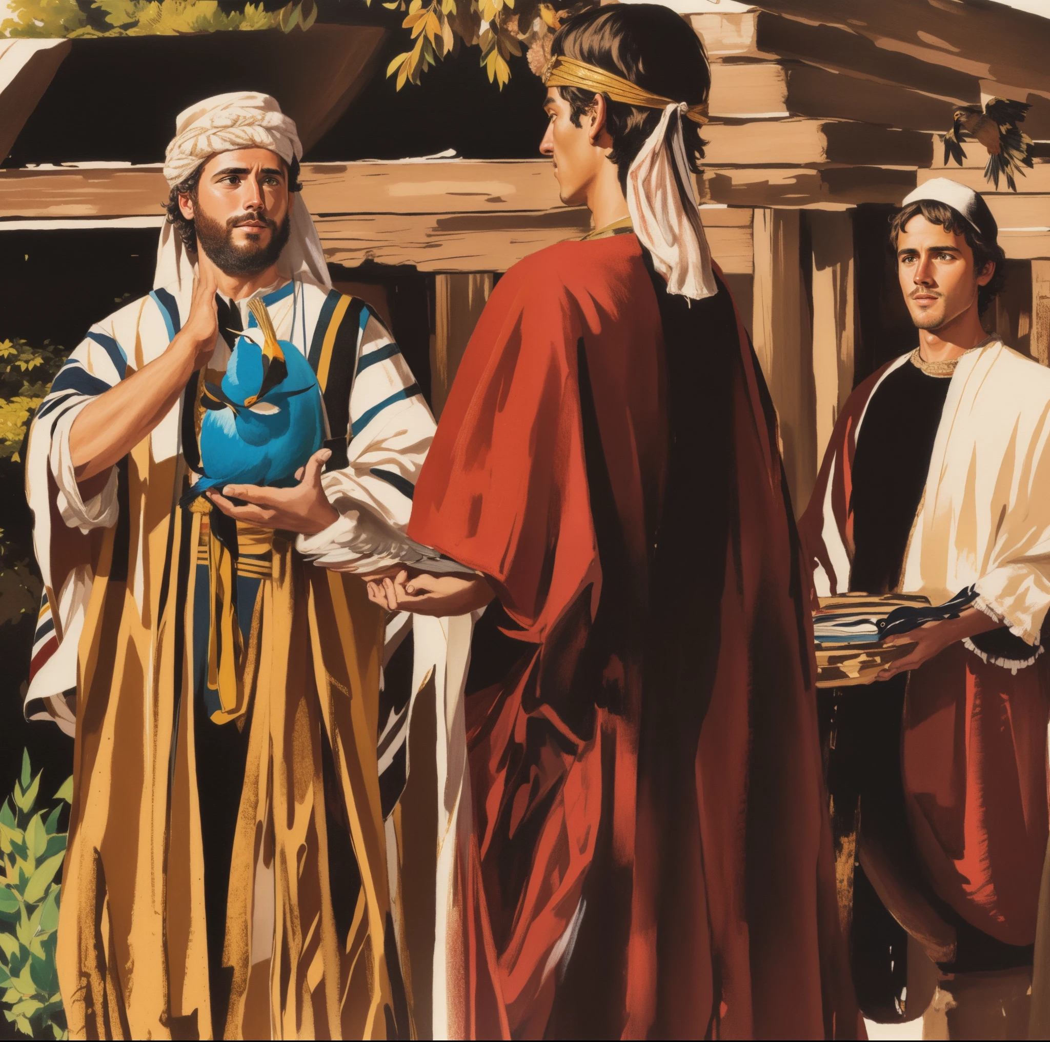 a painting of a man holding a bird in his hand, bible illustration, granting him a noble title, biblical clothing, vendendo seus produtos, ele tem um tesouro com ele, joseph and joseph, full-colour illustration, biblical art style, biblical image, Directed by: Joseph Henderson, Directed by: Robert Freebairn, Directed by: Juan O'Gorman, fine illustration, Directed by: Richard Mayhew