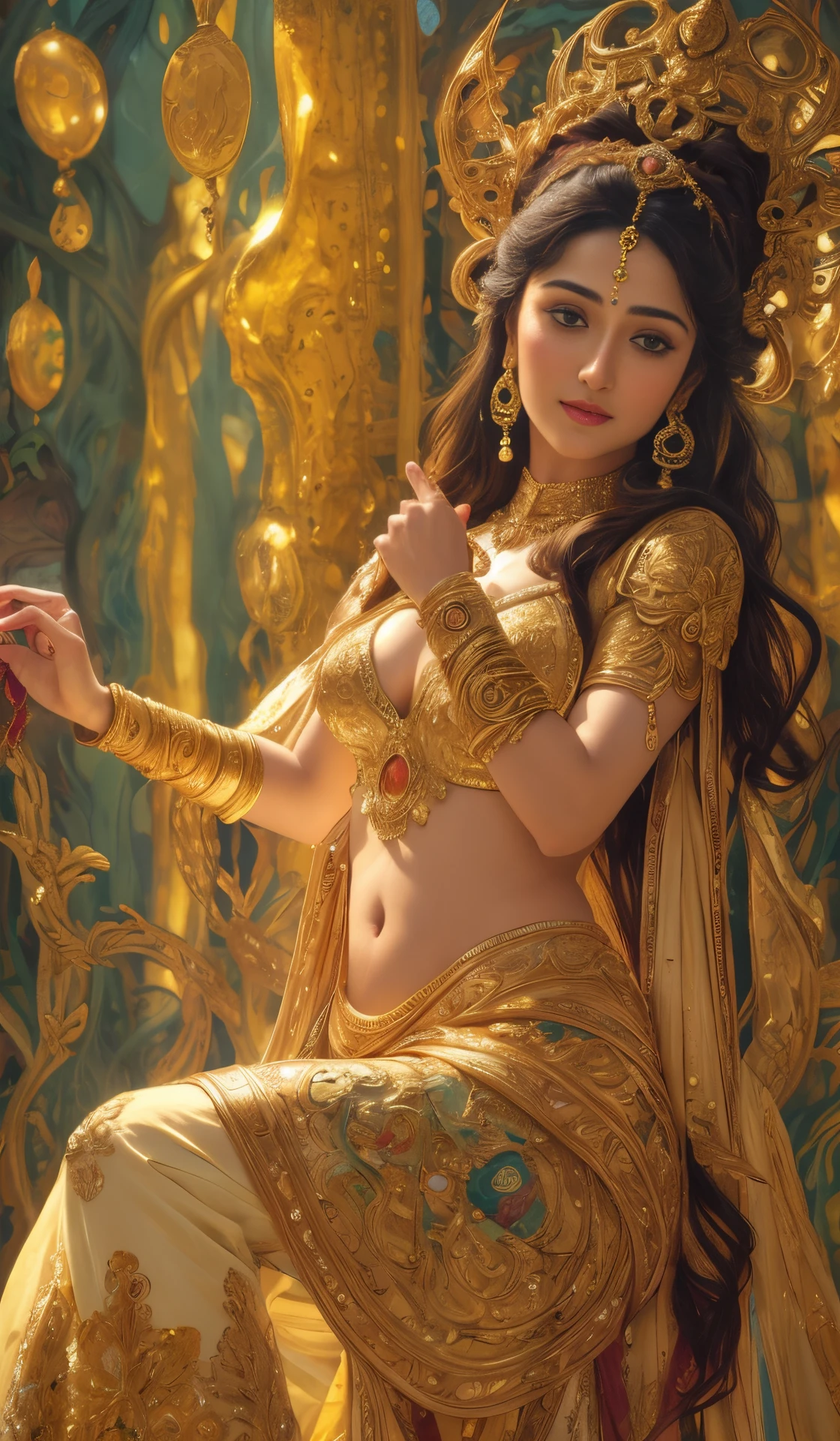 Face mix of Anushka Shetty and Nayanthara, a masterpiece ultrarealistic ultradetailed portrait of a beautiful girl in incredible goledn armor. baroque renaissance. in forest. medium shot, intricate, elegant, highly detailed. trending on artstation, digital art, by stanley artgerm lau, wlop, rossdraws, james jean, andrei riabovitchev, marc simonetti, yoshitaka amano. background by james jean and gustav klimt, light by julie bell, 4 k, porcelain skin.