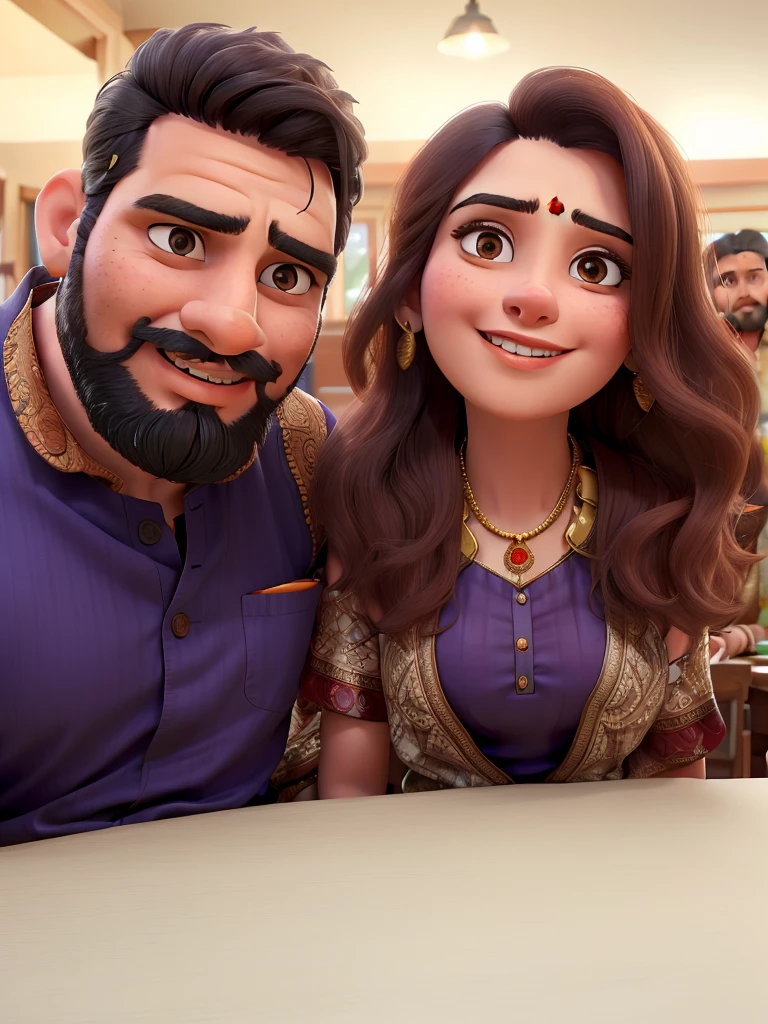Man wearing indian traditional shirt, women wearing indian traditional Punjabi,a man wit about beard, have table, a man sitting right side and the women sitting left side, very close and take a selfie