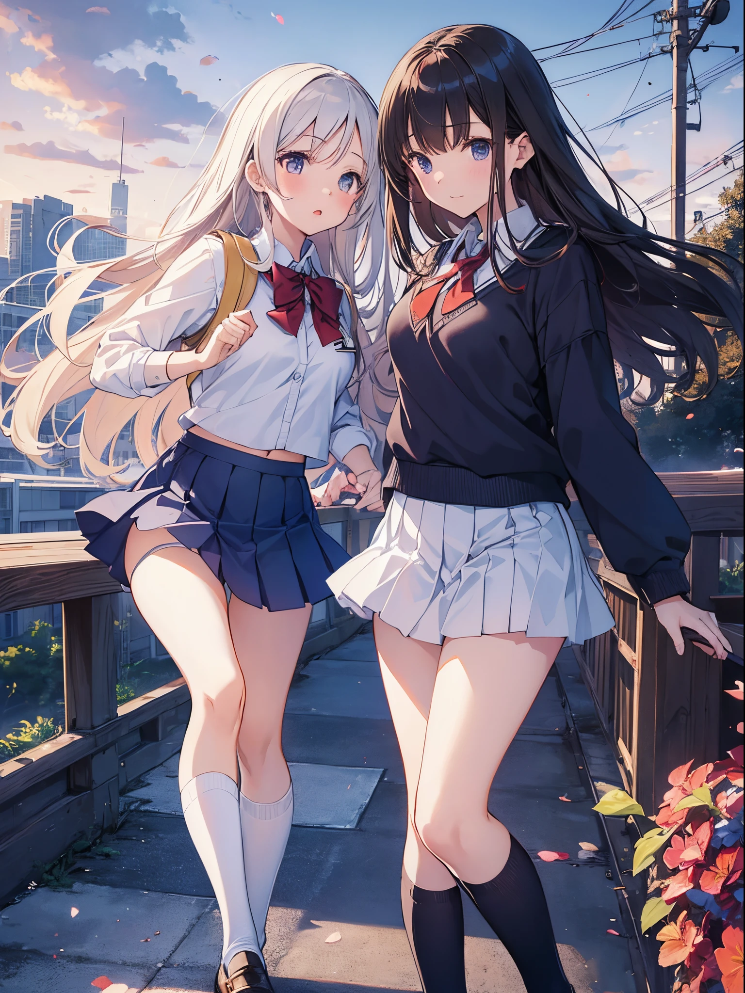 ((2girls)), Yuri, (masutepiece:1.05), (Best Quality:1.05),School_uniform, (((White panties))), Dark blue skirt, Floating skirt, (Cameltoe)