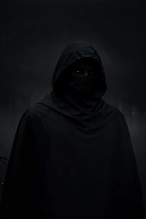 against a backdrop of swirling mist and shadows, a cloaked figure emerges, their silhouette shrouded in darkness, illuminated only by a faint glow of moonlight. Their eyes, a piercing red, gleam from beneath the hood, adding an eerie intensity to the scene, evoking a sense of foreboding and mystery. phantom, sillouette, red eyes