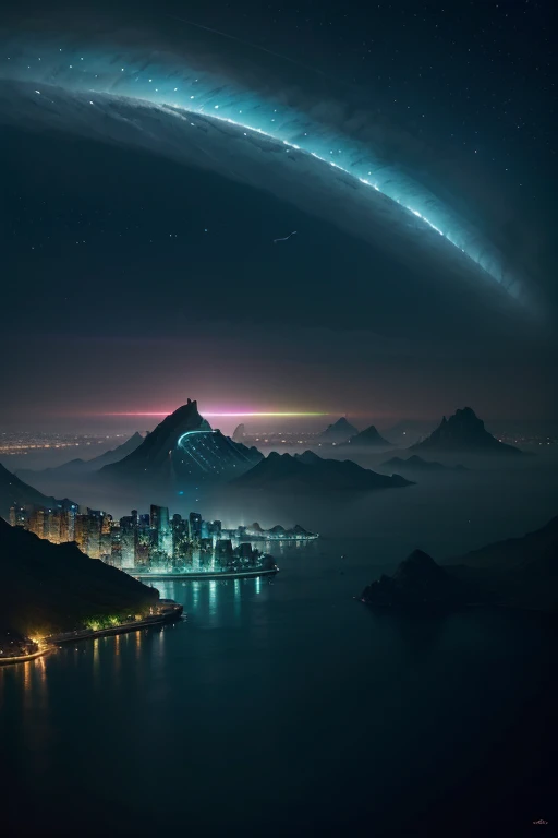 Generate a visually stunning and surreal landscape that seamlessly blends elements of a futuristic cityscape with the natural beauty of an otherworldly environment. Envision vibrant, bioluminescent flora illuminating the skyline, reflective surfaces casting mesmerizing light patterns, and ethereal creatures soaring through the sky. Infuse the scene with an awe-inspiring sense of scale, depth, and harmony, creating a captivating and dreamlike composition that pushes the boundaries of imagination.