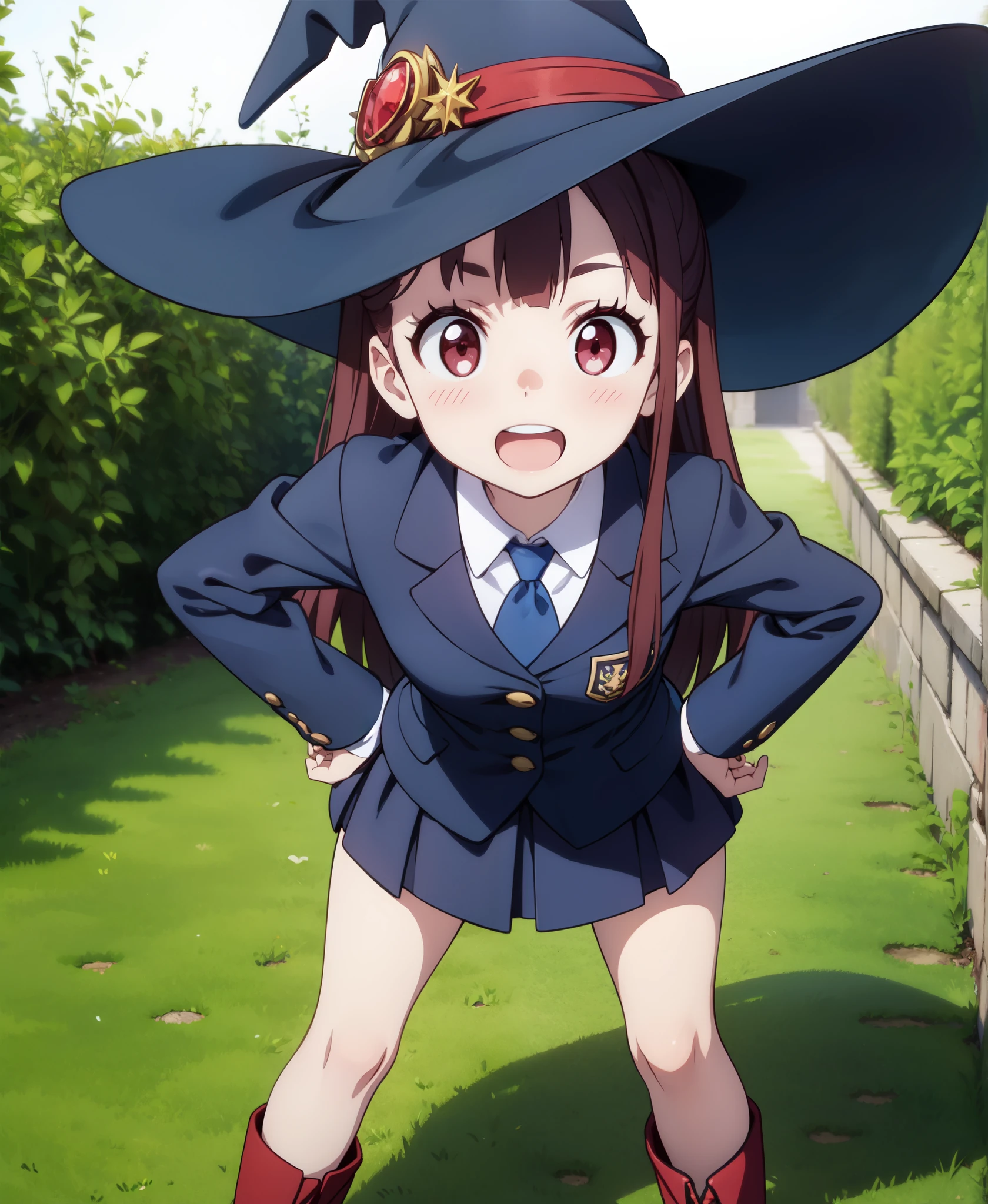 masterpiece, best quality, ultra-detailed, glowing light, (detailed background, complex background:1.2), (perfect face, detailed face), smile, full-face blush, open mouth, upper teeth, kagari_atsuko, long hair, dress, luna nova school uniform, long sleeves, hat, witch hat, witch, boots, shirt, boots, skirt (garden, outdoors),, , standing, hands on hips, looking at viewer,