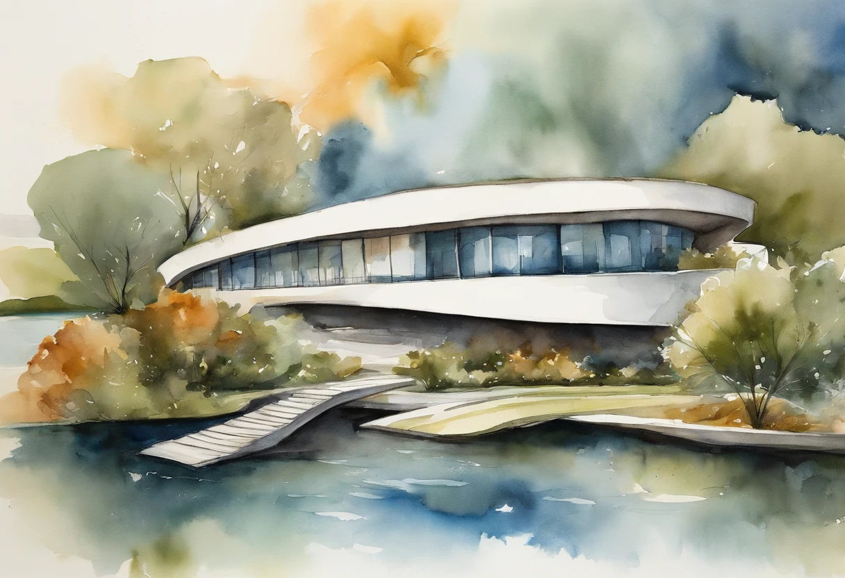 The image shows a modern building structure next to a body of water, May be a river or lake. The building has characteristics, Futuristic curved design, the wavy roof is reminiscent of seashells or blooming flowers. Surrounded by high-rise buildings, Represents urban environment. The sky is clear and blue, Suggestions for a great day. This type of architecture is often found in cities that focus on innovative design and cultural landmarks.