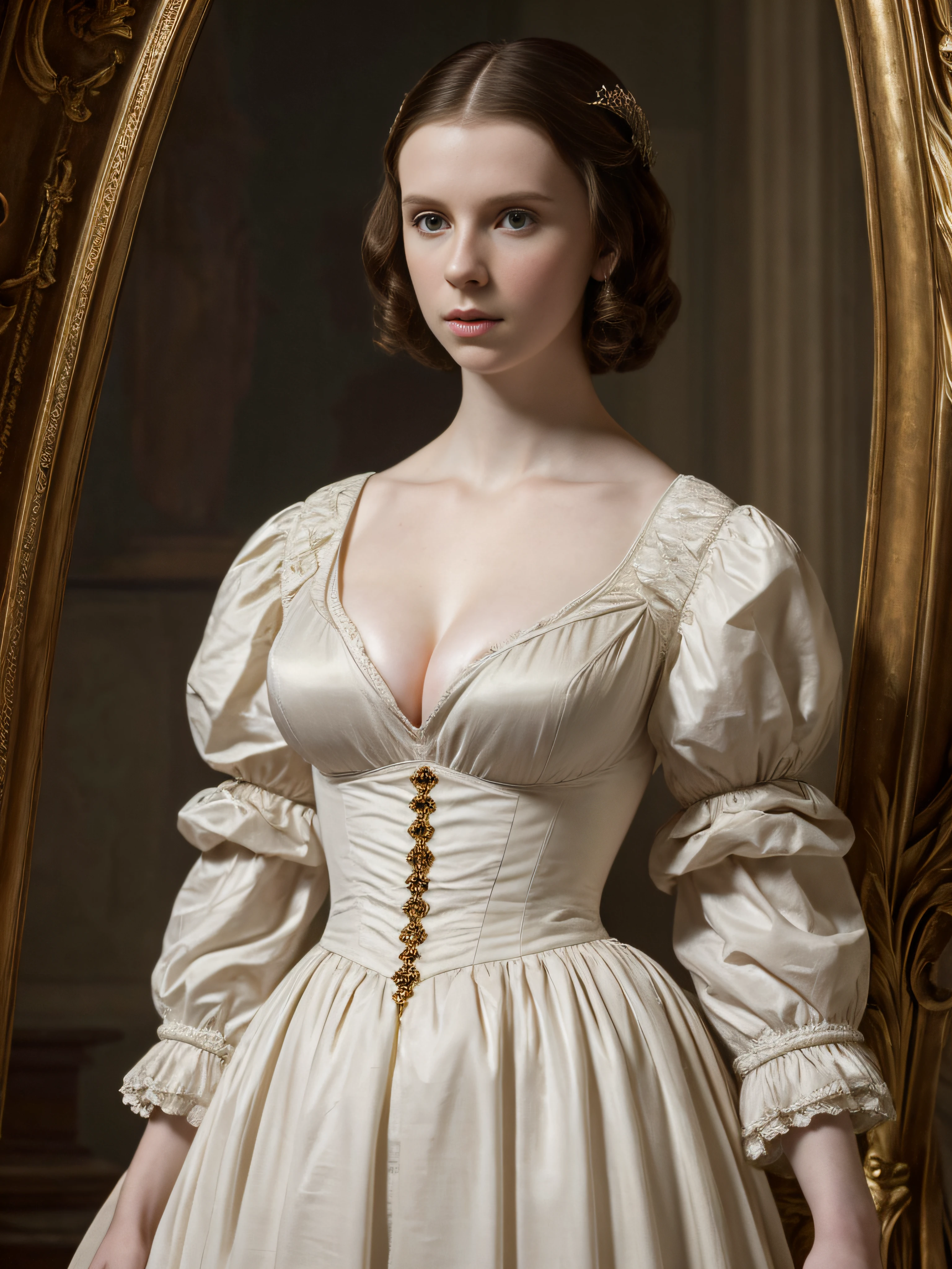 ((high resolution)), ((pale skin)), ((very pale skin)), Millie Bobby Brown, ((huge breasts)), in the style of Anthony van Dyck