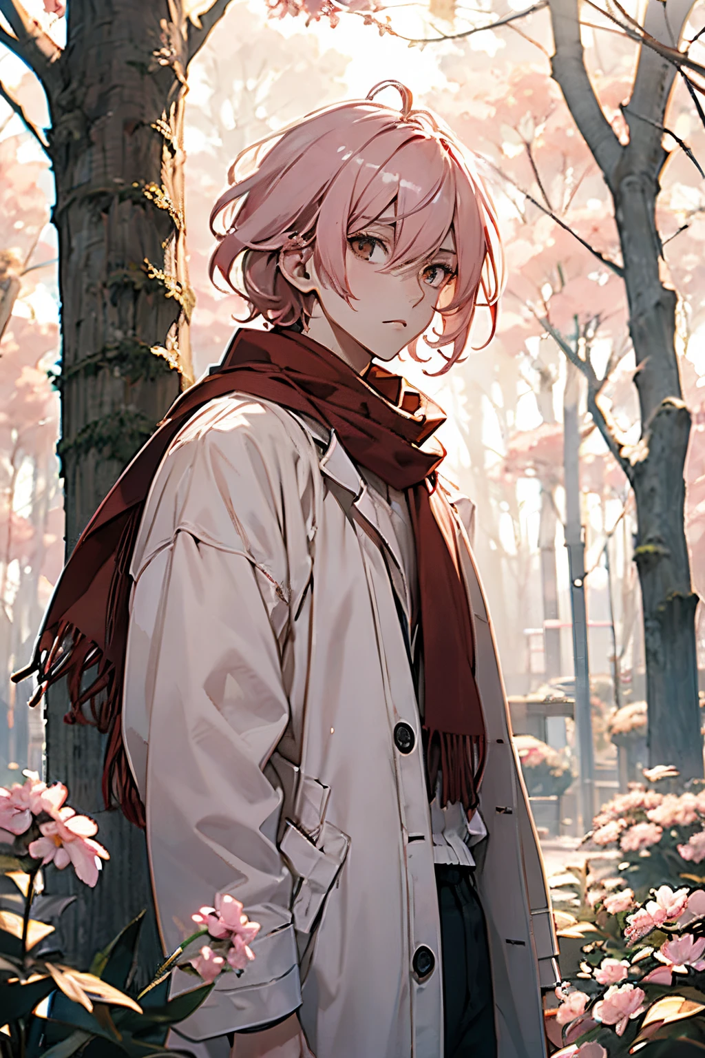 1man,manhwa character,innocent,casual clothes,light pink hair,cute hair,bouncy hair,red scarf,brown eyes,delicate,fragile,sickly,white skin,extremely pale skin,young,handsome,winter clothes,oversized clothes,sunny day,trees,plants,flowers