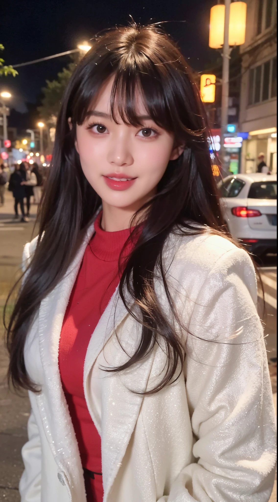 Wearing a white coat, She has black hair,With bangs, Fluffy bangs, in a street at night,face to the viewer,The body faces the audience,close your mouth and smile,mediuml breasts,with a round face,a 23 year old girl,Wear for autumn