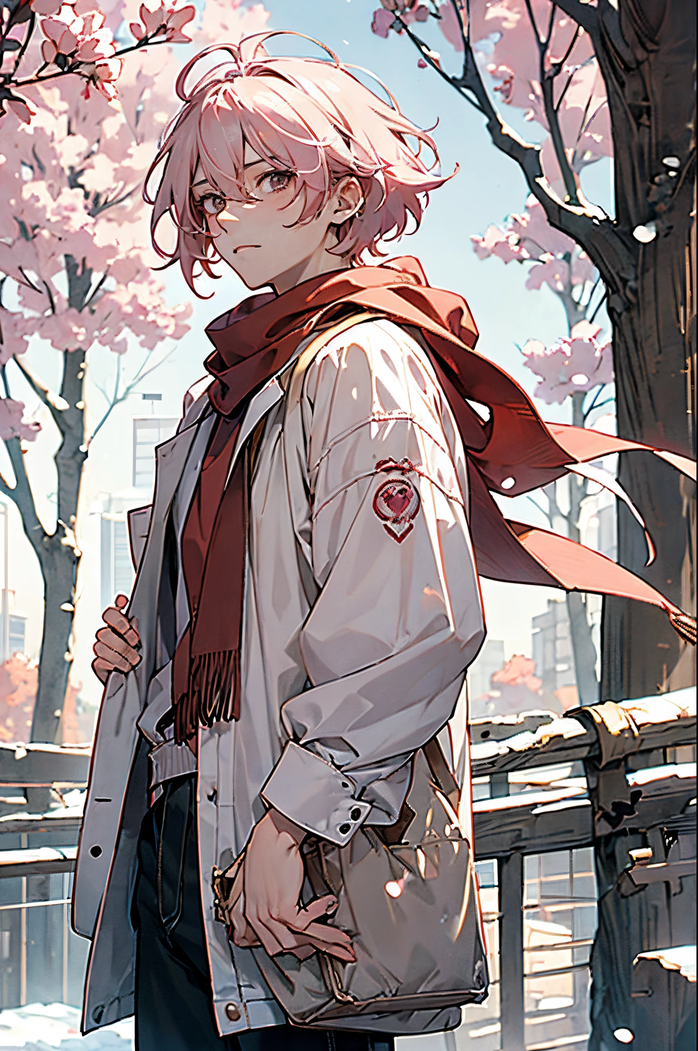 1man,((male)),manhwa character,innocent,casual clothes,light pink hair,cute hair,bouncy hair,short hair,red scarf,brown eyes,delicate,fragile,sickly,white skin,extremely pale skin,young,handsome,winter clothes,oversized clothes,sunny day,trees,plants,flowers,bags under eyes,dark circles