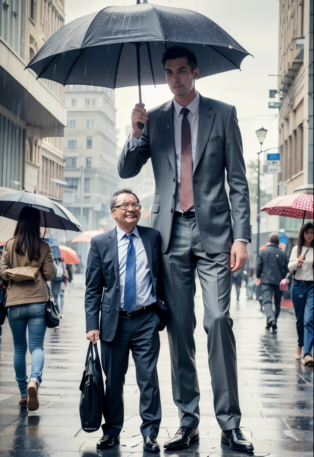 Incredible tall man with business suit, a very short man with suit, raining day street background