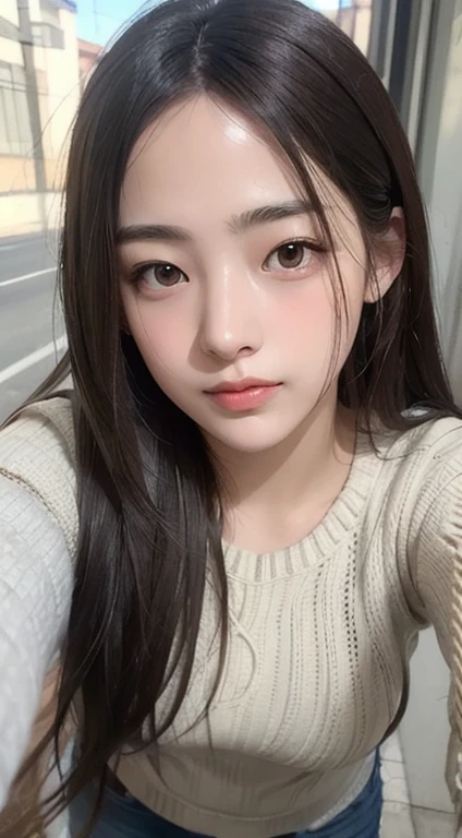Photorealistic, masutepiece, Best Quality, Raw photo, selfee、1girl in, Solo, Long hair, Brown hair, Detailed face, alluring face, Sweater that kills virgins, medium breasts, Dynamic Pose, Looking at Viewer, From below, Detailed background, fine detailed, intricate detailes,  Ray tracing, depth of fields, lowkey, nffsw