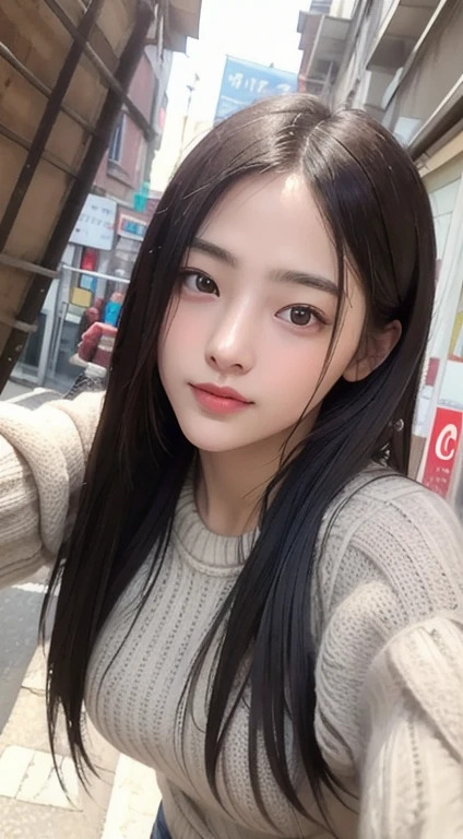 Photorealistic, masutepiece, Best Quality, Raw photo, selfee、1girl in, Solo, Long hair, Brown hair, Detailed face, alluring face, Sweater that kills virgins, medium breasts, Dynamic Pose, Looking at Viewer, From below, Detailed background, fine detailed, intricate detailes, Ray tracing, depth of fields, lowkey, nffsw