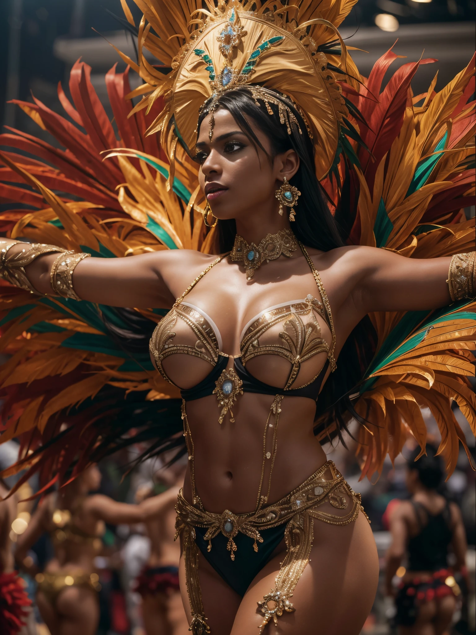high resolucion, Masterpiece, Best Quality, ((Hasselblad photo)), Sharp focus, (Cinematic lighting), Soft lighting, Dynamic Angle, girls, Mature Brazilian woman, (Wearing a samba dance dress:1.2), carnival, Samba dress, fine detailed skin, Very long wavy black hair, Highly detailed hair, high heels,large full breasts,bare chest,a narrow waist,bare ass,big size ass,bare belly,sparkly skin,intriciate detail, ((Cinematic light)),((black)), party, Brazil, carnival, Colors, 8K