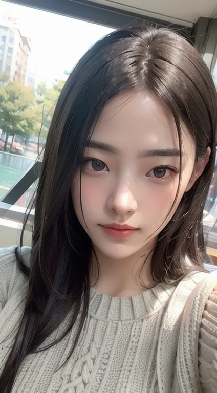 Photorealistic, masutepiece, Best Quality, Raw photo, selfee、1girl in, Solo, Long hair, Brown hair, Detailed face, alluring face, Sweater that kills virgins, medium breasts, Dynamic Pose, Looking at Viewer, From below, Detailed background, fine detailed, intricate detailes, Ray tracing, depth of fields, lowkey, nffsw