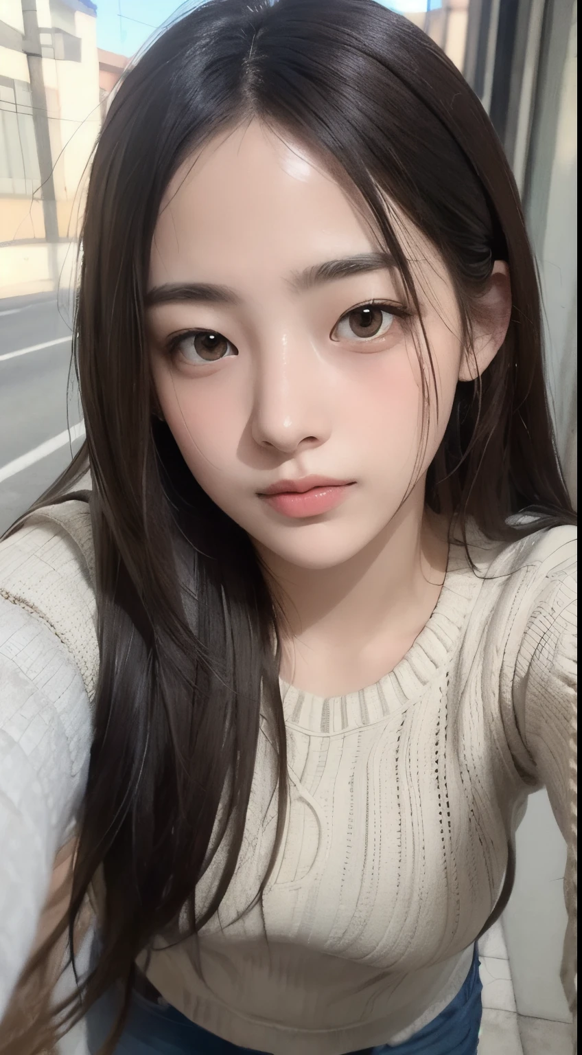 Photorealistic, masutepiece, Best Quality, Raw photo, selfee、1girl in, Solo, Long hair, Brown hair, Detailed face, alluring face, Sweater that kills virgins, medium breasts, Dynamic Pose, Looking at Viewer, From below, Detailed background, fine detailed, intricate detailes, Ray tracing, depth of fields, lowkey, nffsw