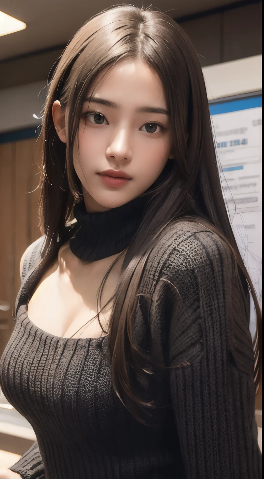 Photorealistic, masutepiece, Best Quality, Raw photo, selfee、1girl in, Solo, Long hair, Brown hair, Detailed face, alluring face, Sweater that kills virgins, medium breasts, Dynamic Pose, Looking at Viewer, From below, Detailed background, fine detailed, intricate detailes, Ray tracing, depth of fields, lowkey, nffsw