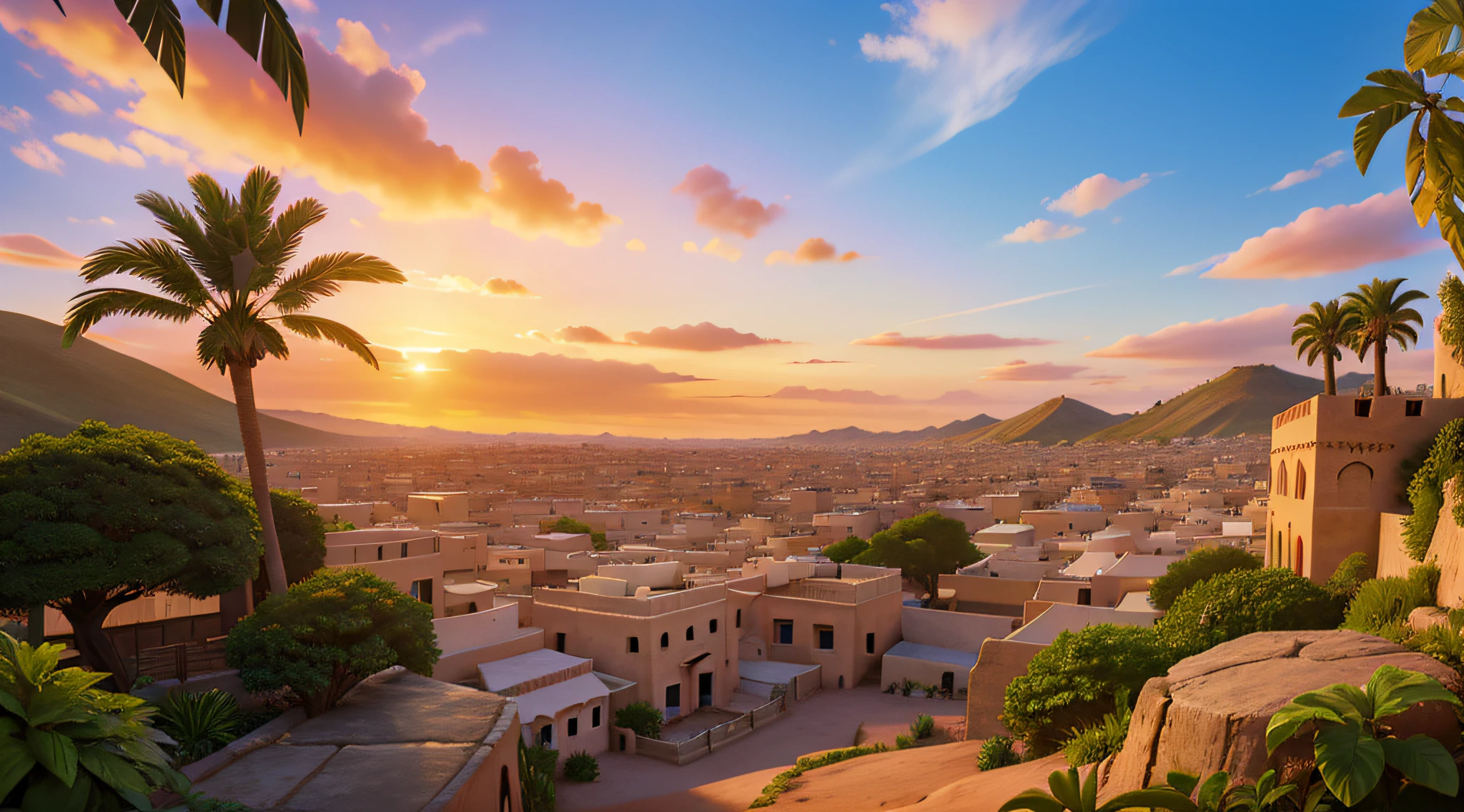 Ultra Realistic, fantasy nature, sky and ground, heavy wind, line cloud, Light shoot from the cloud, jungle, bright fun, ((extreme colors)), vibrant, beautiful, UHD, 8K, extremely detailed, photography, photorealism, natural light, masterpiece, best quality, amazing, intricate, highly detailed, sharp focus, cinematic, generate an image of a quaint village nestled amidst middle east hills and cozy traditional Arabian cottages, dome of the rock mosque, Arabian mountain as background, desert