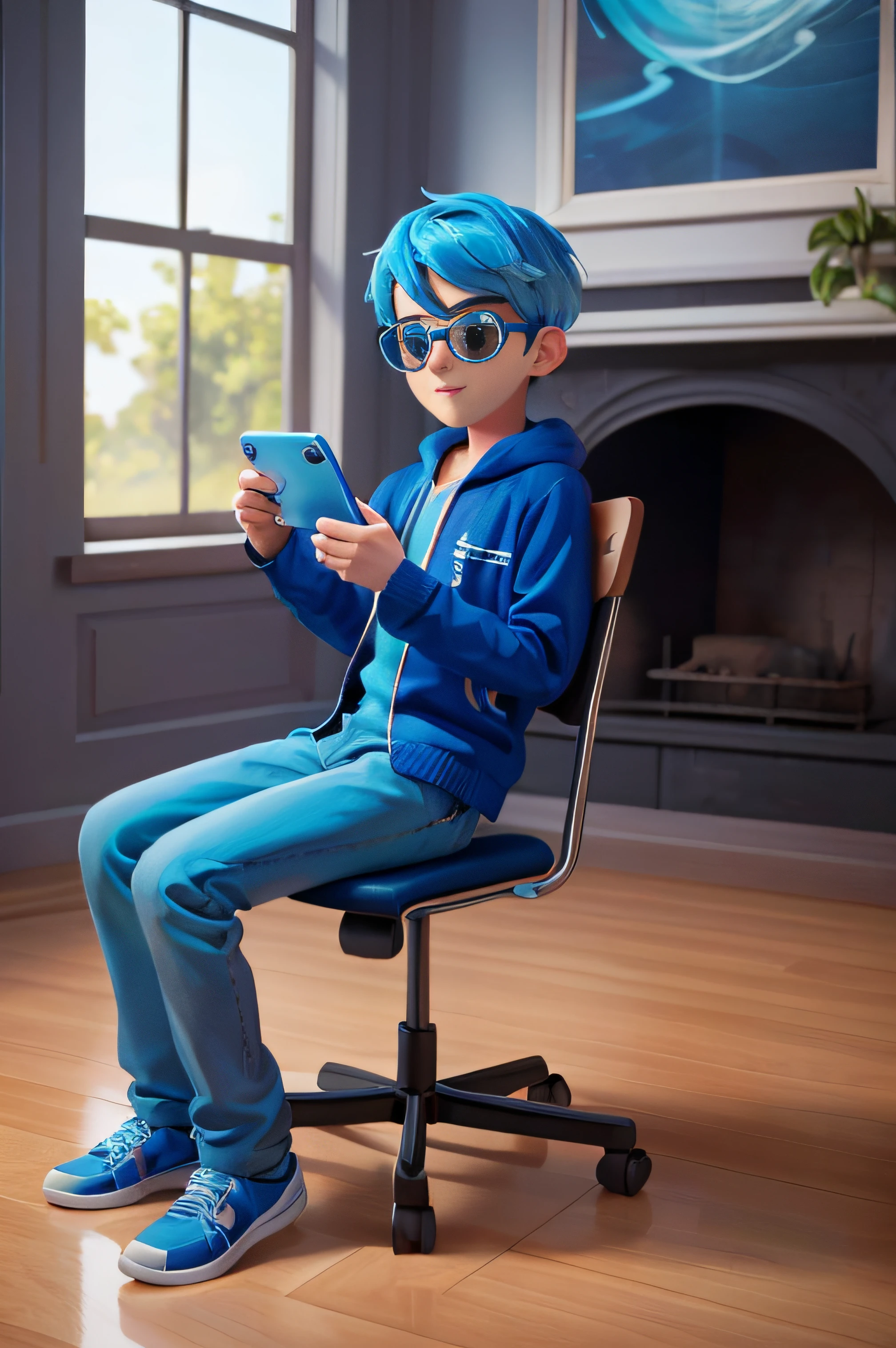 boy sitting on a chair with a cell phone in his hand, cartoon, Como um personagem da cartoon network, no estilo da cartoon, Personagem ideal da cartoon, Inspirado na dysnei, desenho retrato 8 k foto, como um personagem claymation, no estilo da Disney Pixar, olhando para o telefone dele, estilo anime", Representado como um personagem da Pixar