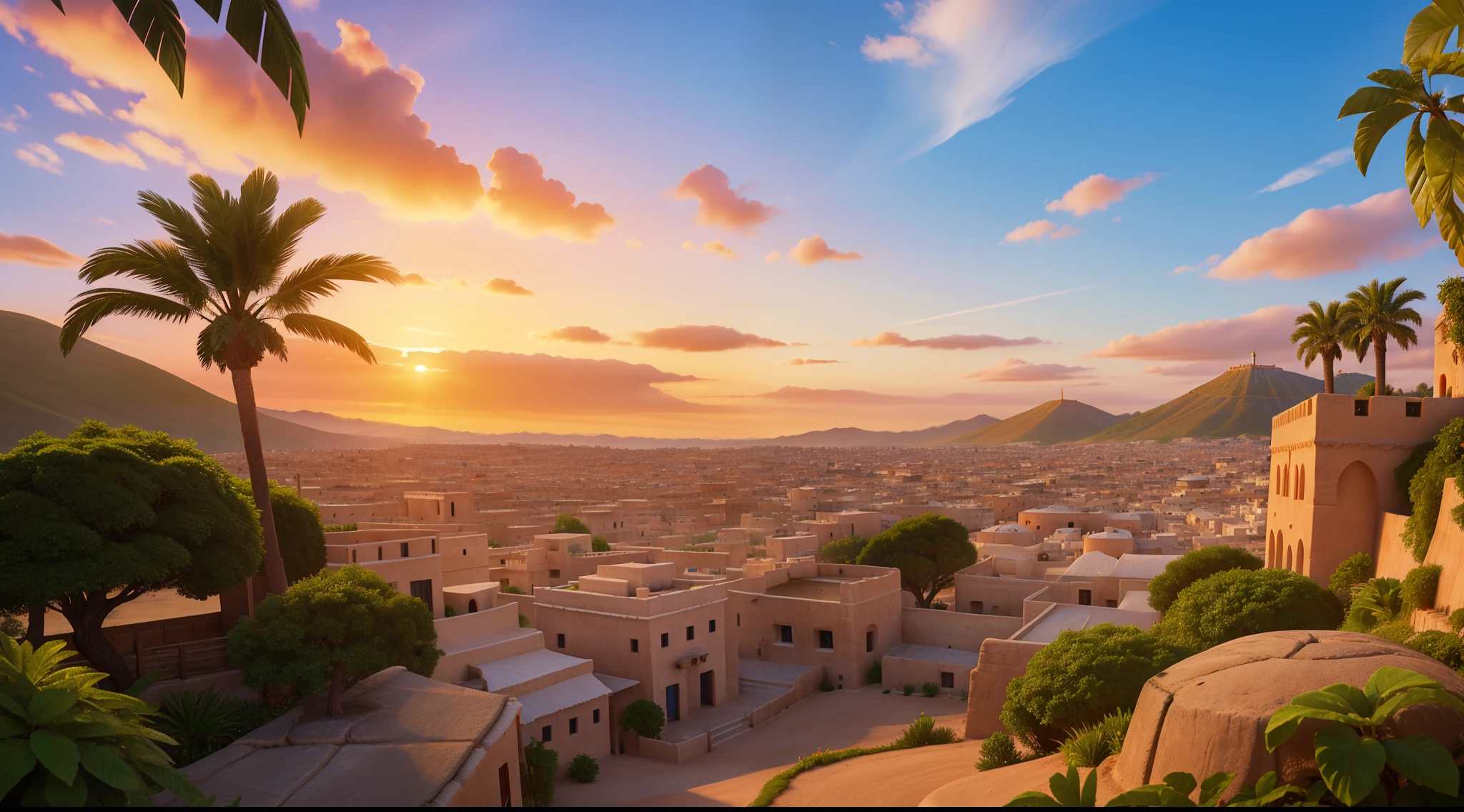 Ultra Realistic, fantasy nature, sky and ground, heavy wind, line cloud, Light shoot from the cloud, jungle, bright fun, ((extreme colors)), vibrant, beautiful, UHD, 8K, extremely detailed, photography, photorealism, natural light, masterpiece, best quality, amazing, intricate, highly detailed, sharp focus, cinematic, generate an image of a quaint village nestled amidst middle east hills and cozy traditional Arabian cottages, dome of the rock mosque, Arabian mountain as background, desert