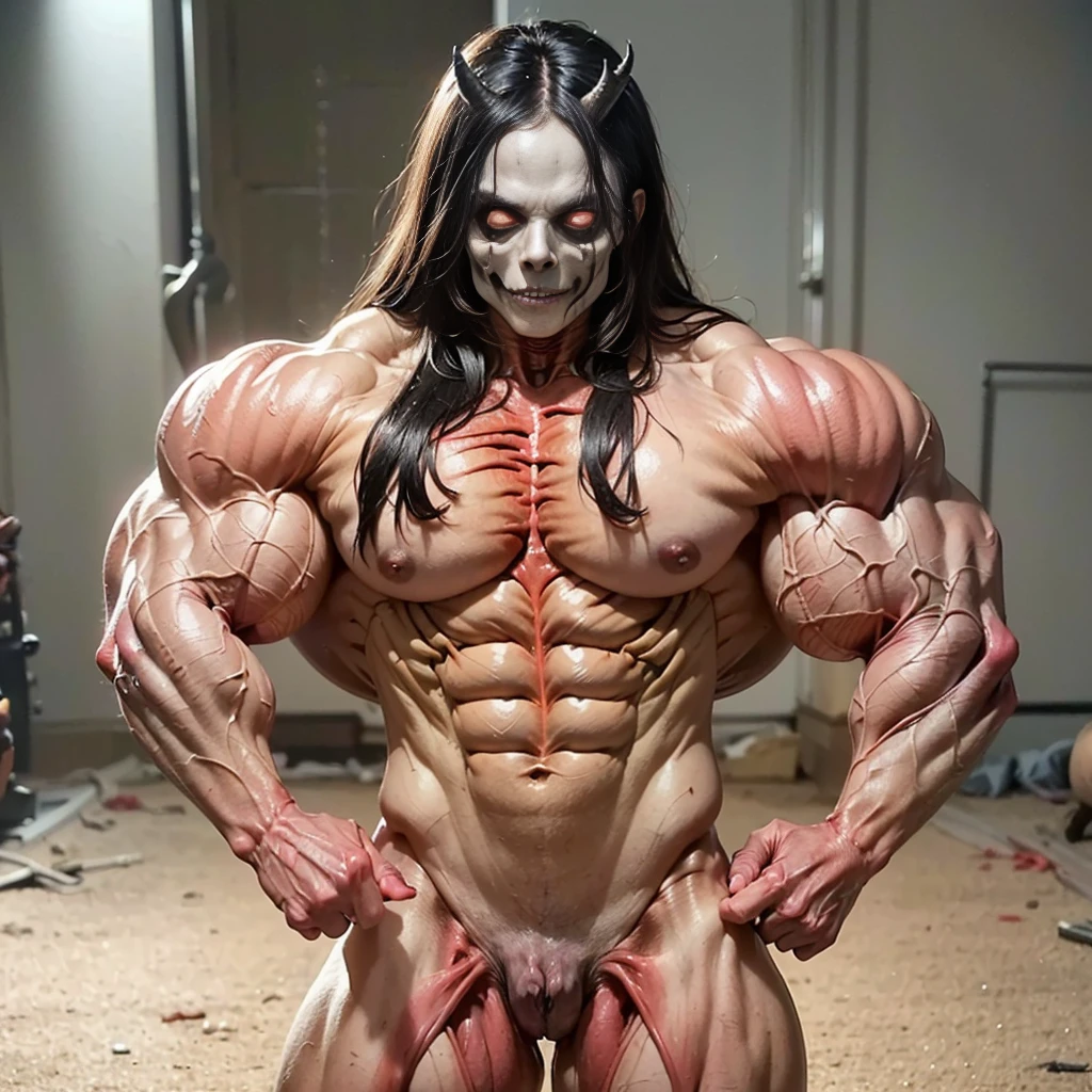 ((carnage skinless physique:1.5), (skeletal emaciated face:1.5), (black demonic eyes:1.5), (1 super muscular undead skinless succubus with gigantic horns:1.5), (covered in red necrotic rotting skinless muscle:1.5), (exposed muscular and skeletal anatomy:1.5), (perfect fingers:1.25),(8k, RAW photo, photorealistic:1.25), dark horrific scary atmosphere, hellish landscape, Hellraiser like atmosphere,