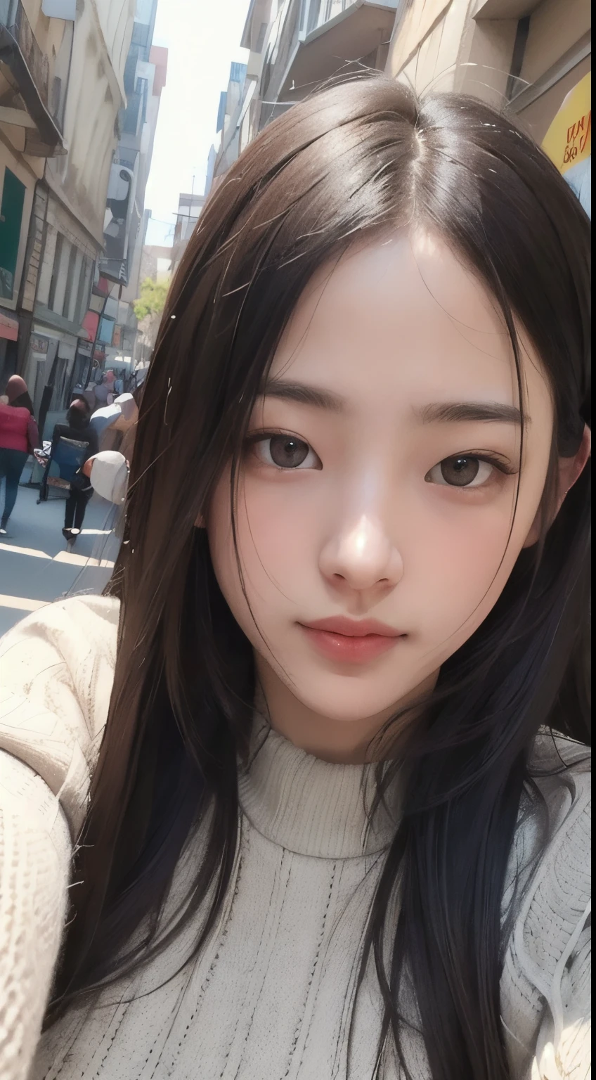 Photorealistic, masutepiece, Best Quality, Raw photo, selfee、1girl in, Solo, Long hair, Brown hair, Detailed face, alluring face, Sweater that kills virgins, medium breasts, Dynamic Pose, Looking at Viewer, From below, Detailed background, fine detailed, intricate detailes, Ray tracing, depth of fields, lowkey, nffsw