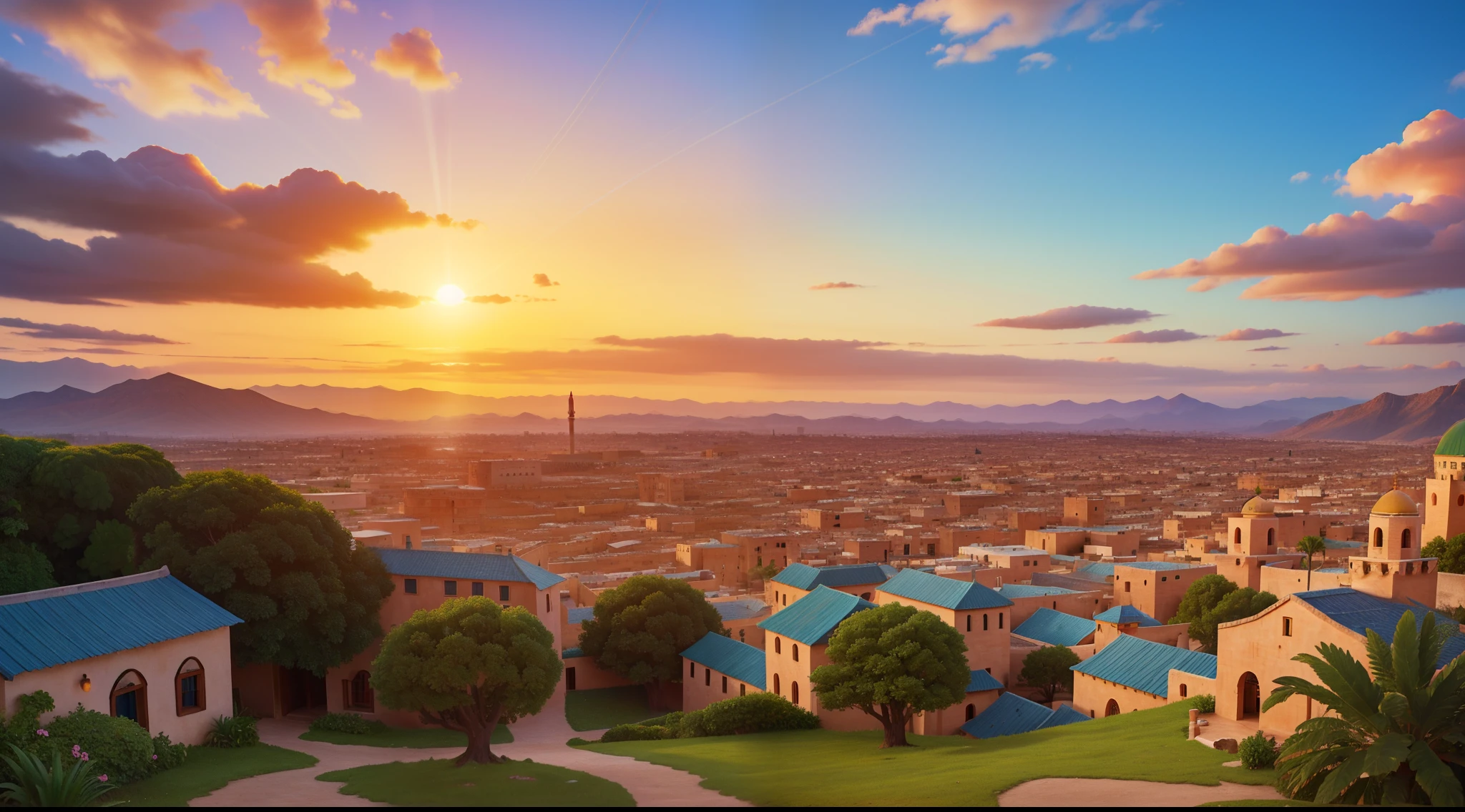 Ultra Realistic, fantasy nature, sky and ground, heavy wind, line cloud, Light shoot from the cloud, jungle, bright fun, ((extreme colors)), vibrant, beautiful, UHD, 8K, extremely detailed, photography, photorealism, natural light, masterpiece, best quality, amazing, intricate, highly detailed, sharp focus, cinematic, generate an image of a quaint village nestled amidst middle east hills and cozy traditional Arabian cottages, dome of the rock mosque, Arabian mountain as background, desert