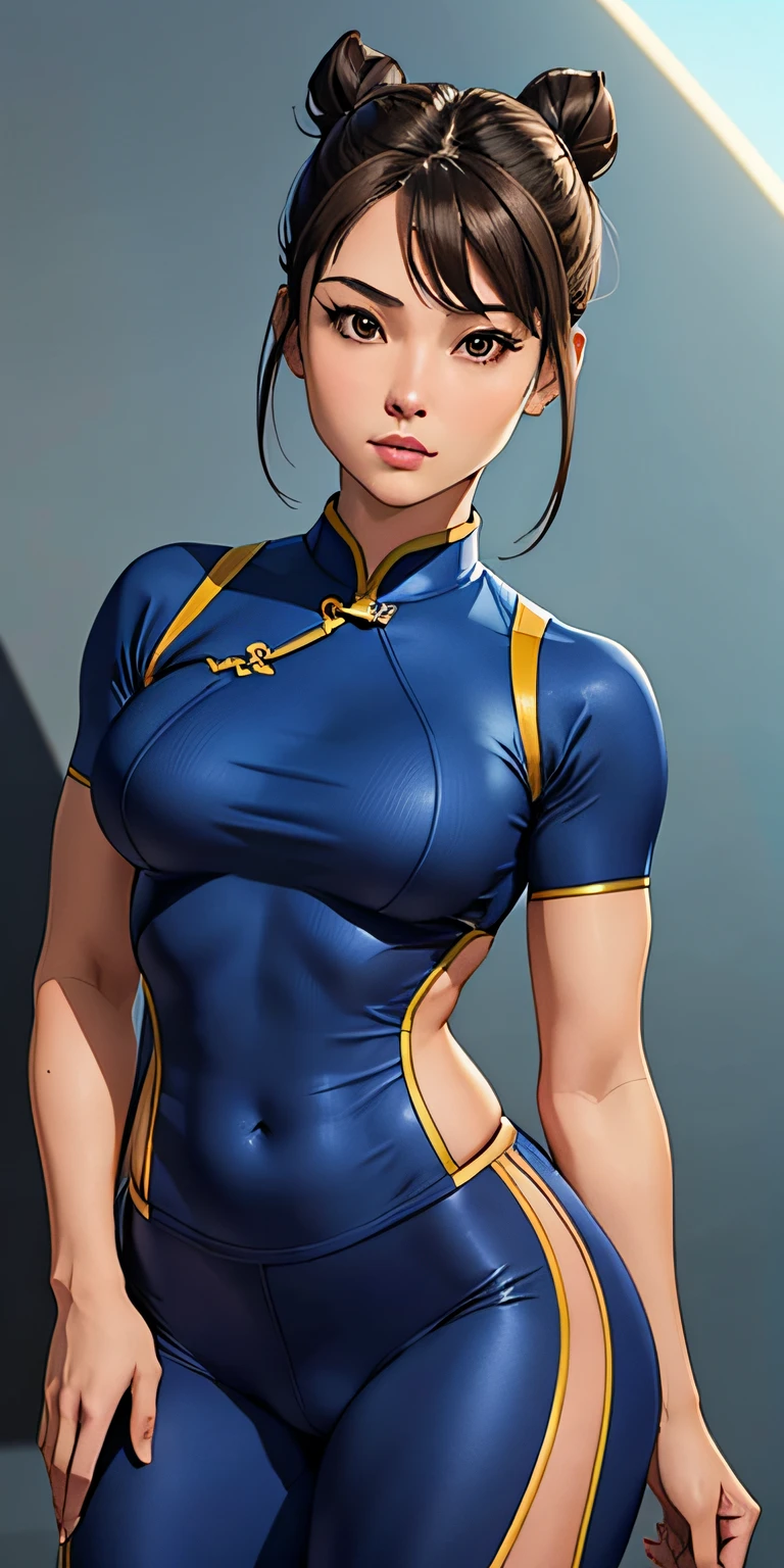 woman in her 20s, chunlims, (perfect face), defined jawline, beautiful brown eyes, beautiful lips, (short brown hair, hair bun, double bun), (perfect anatomy), (athletic body), (sexy), (thick thighs), (perfect hands), (blue cheongsam), tight blue track pants, spiky bracelets, looking at viewer, (medium full shot photograph), (fighting arena background), realistic