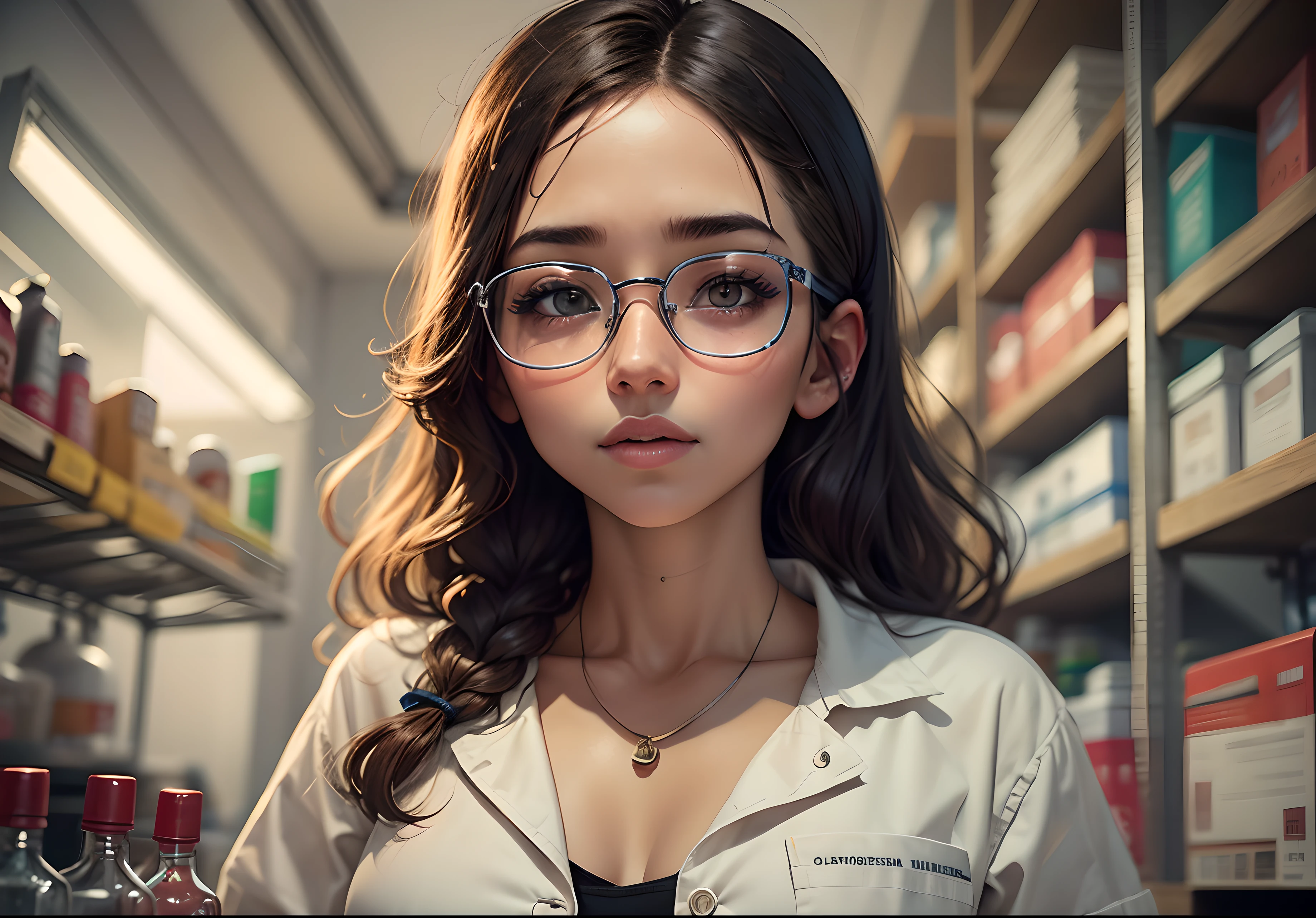 CHICA LATINA CON BATA DE LABORATORIO, LENTES PARA VER