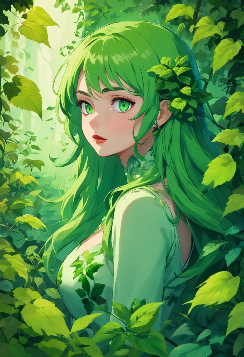 (best quality,4k,8k,highres,masterpiece:1.2),ultra-detailed,(realistic,photorealistic,photo-realistic:1.37),poison ivy,beautiful detailed eyes,beautiful detailed lips,extremely detailed eyes and face,longeyelashes,vibrant green colors,woman in a garden,dark red lips,body covered in leaves and vines,alluring and seductive gaze,enchanted garden background,botanical garden setting,hint of danger in her expression,sinister beauty,poisonous plants,lush and vibrant foliage,mysterious atmosphere,poisonous aura,hint of magic in the air,hauntingly beautiful,poisonous vines crawling up her body,dark and moody lighting,emerald green eyes,temptress in the garden,femme fatale,green mist surrounding her,poisonous chemicals,delicate yet lethal,foreboding presence,secrets of nature