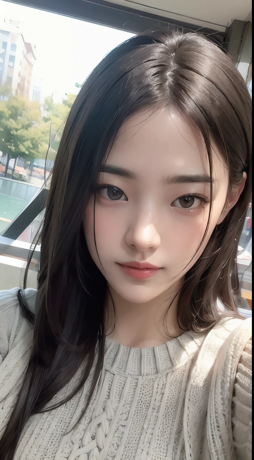 Photorealistic, masutepiece, Best Quality, Raw photo, selfee、1girl in, Solo, Long hair, Brown hair, Detailed face, alluring face, Sweater that kills virgins, medium breasts, Dynamic Pose, Looking at Viewer, From below, Detailed background, fine detailed, intricate detailes,  Ray tracing, depth of fields, lowkey, nffsw
