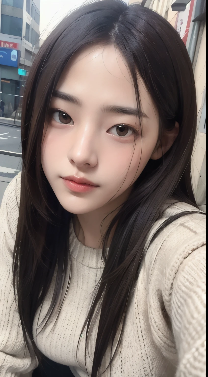 Photorealistic, masutepiece, Best Quality, Raw photo, selfee、1girl in, Solo, Long hair, Brown hair, Detailed face, alluring face, Sweater that kills virgins, medium breasts, Dynamic Pose, Looking at Viewer, From below, Detailed background, fine detailed, intricate detailes, Ray tracing, depth of fields, lowkey, nffsw