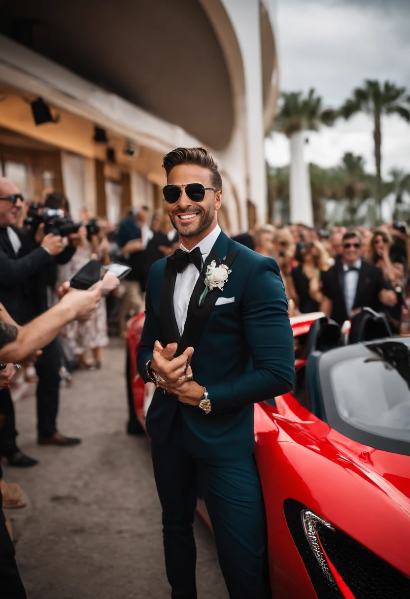 A photo of Sterling taking a selfie with a group of celebrity friends at an exclusive red carpet event, with photographers and fans in the background.,original,Max “Velocity” Sterling, a fictional Formula One champion, is the epitome of speed and charisma on the racetrack. With a sharp, athletic build, his appearance is as flashy as his driving style, often seen in custom racing gear emblazoned with bold logos and his trademark lightning symbol. His hair is styled with the same carefree audacity that he shows behind the wheel, and his confident, roguish smile has made him a heartthrob in the international racing scene. , male