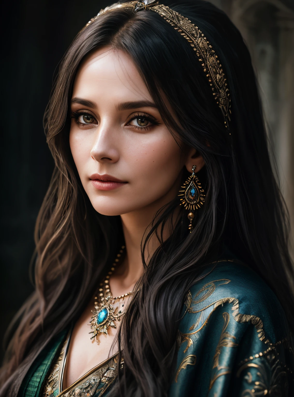 A portrait of a wizard, extremely gorgeous Mature Woman, weathered, with piercing eyes, detailed face, high details, photography, dark studio, rim light, Nikon D850, 50mm, f/1.4