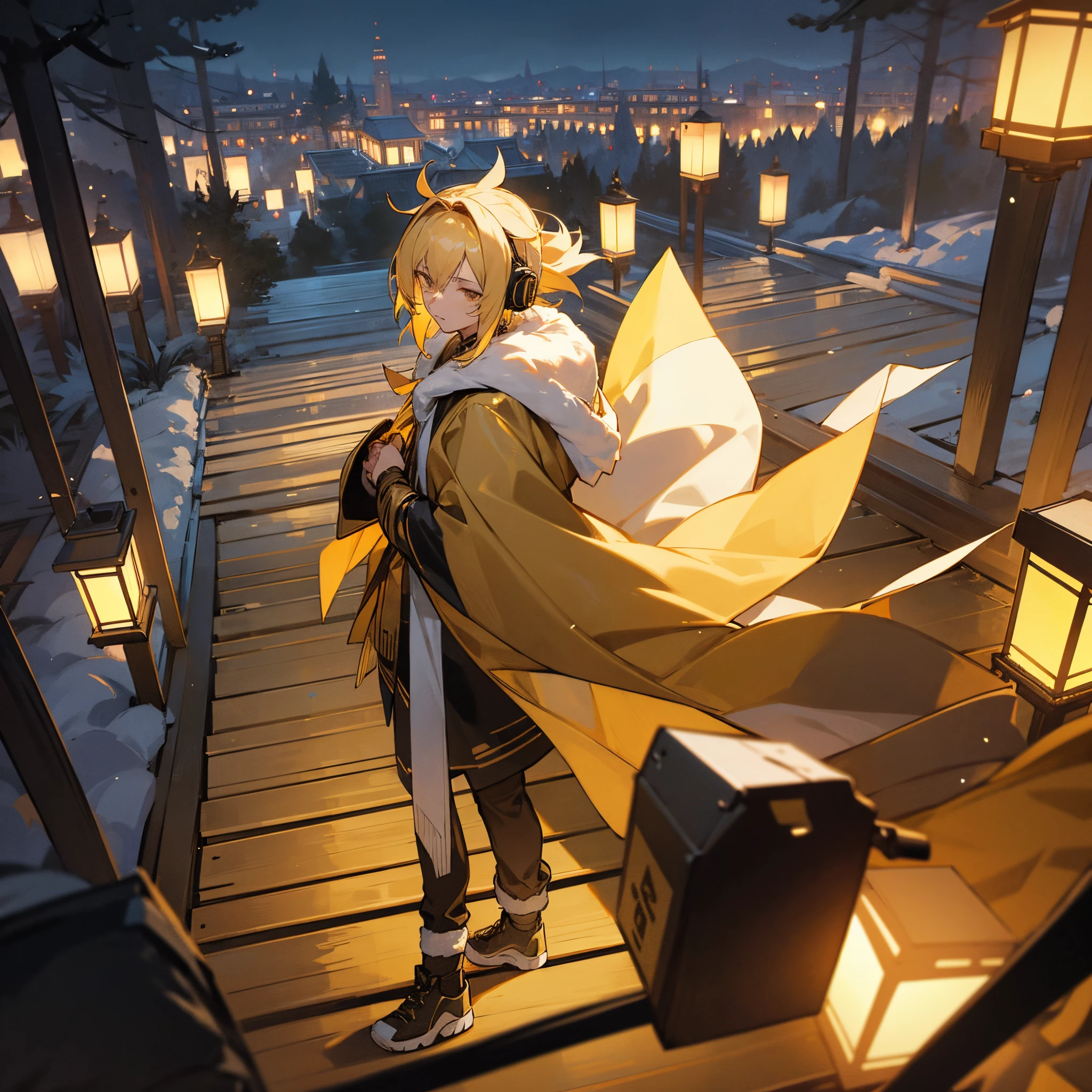 1male, young adult, gold hair, finely detailed gold eyes, loose yukata, headphones on head, jacket with fur hood, bandages wrapped around arm, sonic shoes, dark forest, lanterns, walking down path, night village