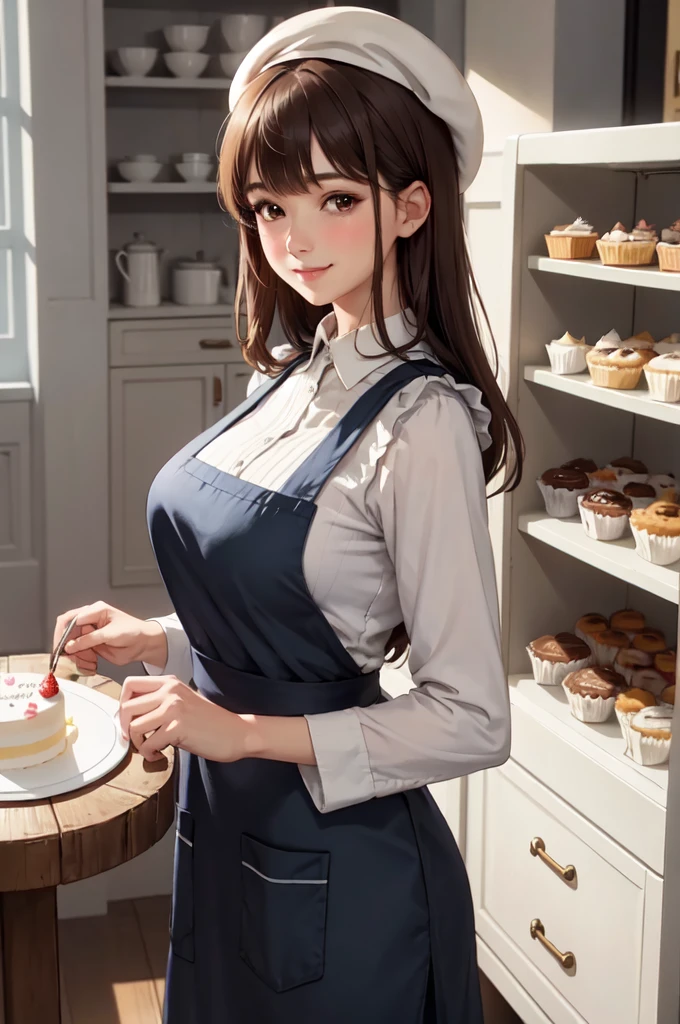 1lady solo standing, /(staff uniform/) apron beret, mature female, /(brown hair/) bangs, blush kind smile, (masterpiece best quality:1.2) delicate illustration ultra-detailed, large breasts BREAK /(cake shop/), image of a pastry shop with green pink yellow purple details, in high quality, 8k, with a showcase of cakes whipped cream strawberry slices and sweets, with chairs and tables , detailed background --auto --s2